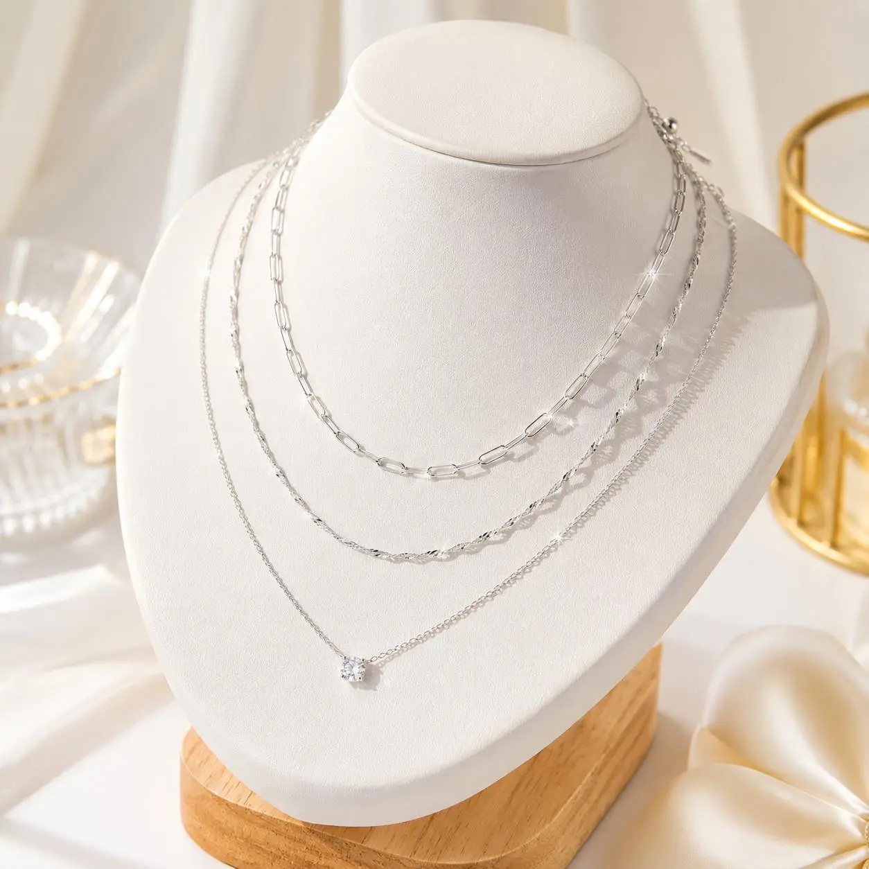 Fashion 3Pcs Layered Stackable Clavicle Necklace Set for Women, 304 Stainless Steel Adjustable Cuban Twist Chain Inlaid AAA Cubic Zirconia Pendant, Ideal Gift for Party, Birthday, Valentine's Day & Mother's Day