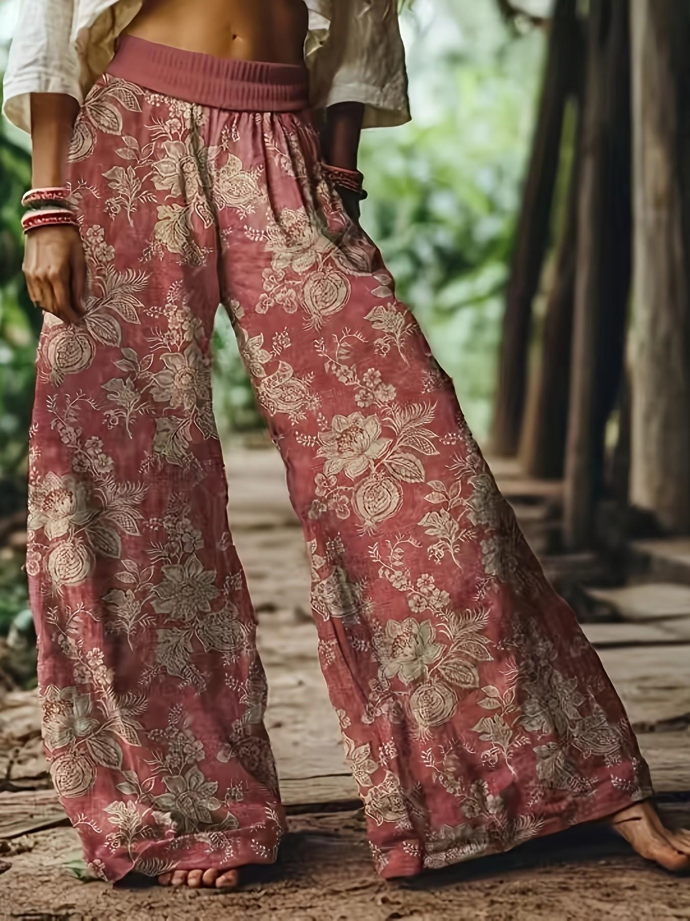 Women's Casual Bohemian Style Boho Floral Print Wide-Leg Loose Baggy Pants, Comfortable & Breathable Elastic Fabric, Ideal for Vacation, Home and Daily Wear, Suitable for Spring, Summer and Fall