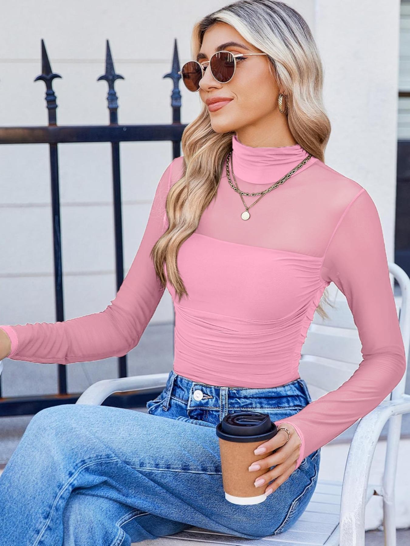 Women's Mesh Sheer Long Sleeve Ruched Top, Sexy Fitted High Neck, Fashion Chic Versatile Base layer
