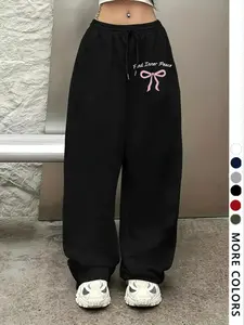 Women's Casual Sporty Long Pants, 'find Inner Peace' & Bow Print, Drawstring Loose Fit Wide Leg, All Season Fashion