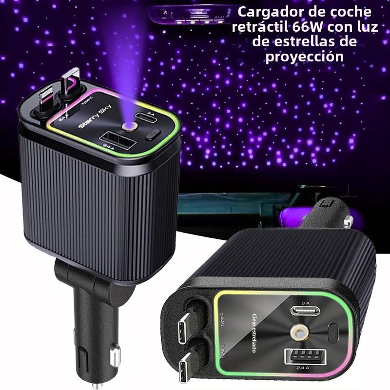 Fast car charger with Starlight 4-in-1 Retractable Car Charger With built-in double cable Voltage Display 31.5 Inch Range Built-in Starlight Projector
