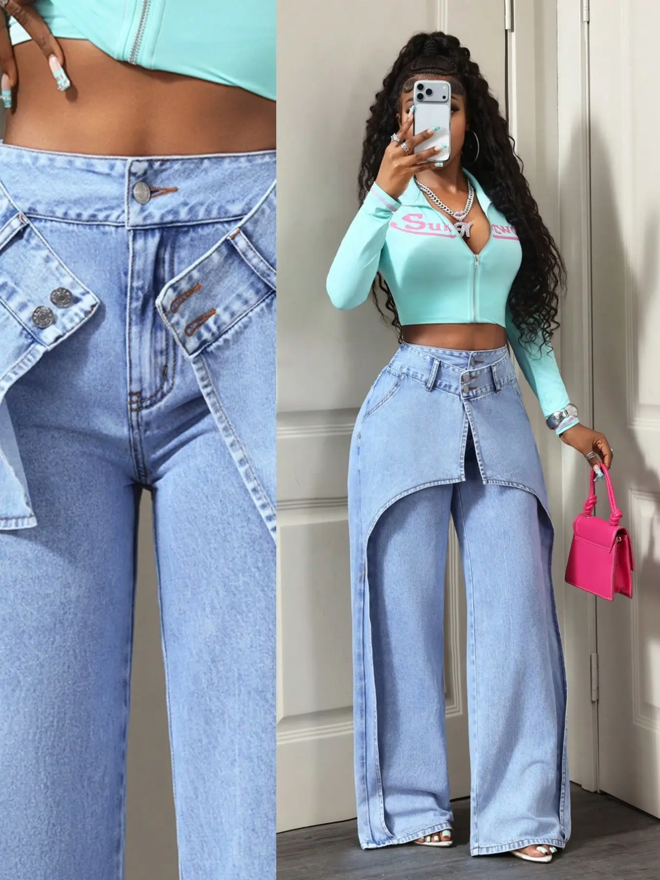 16675-Bg Fake Two-Piece Skirt Leggings, Casual Leisure Dual-Layer Turned Waist Split Apron Design High-Waist Loose Straight Jeans