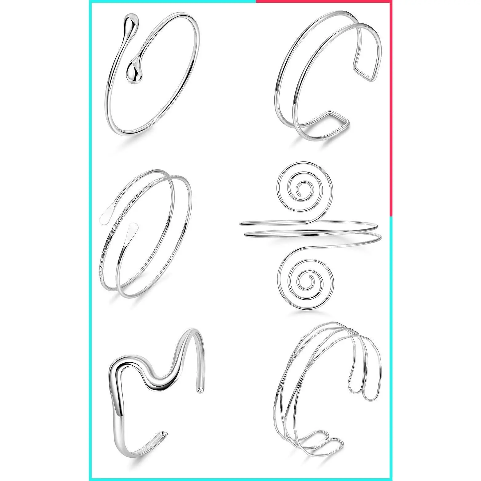 6 Pieces Upper Arm Cuff Bangle Bracelet Set for Women Hammered Chunky Open Cuff Minimalist Coil Armband Gold Silver Adjustable Wire Wrist Wrap