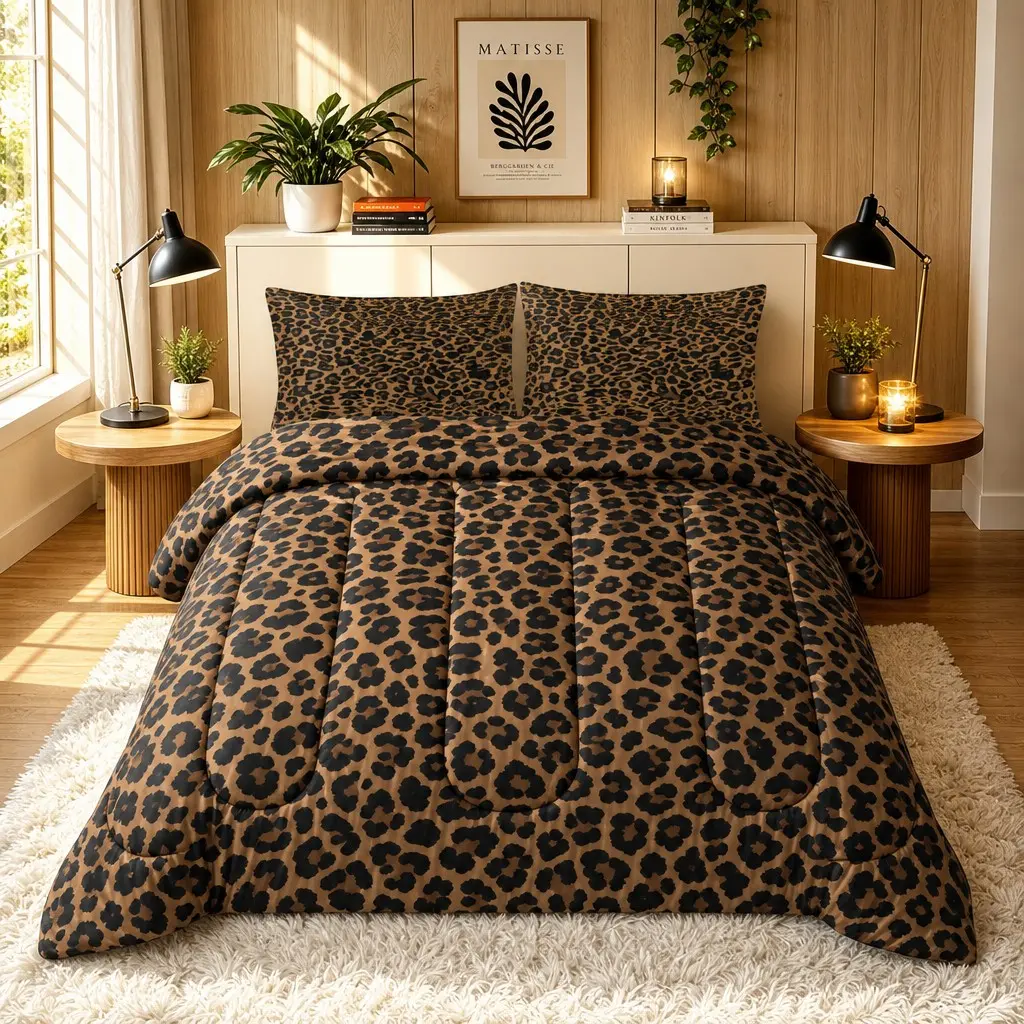3-Piece Leopard Print Quilt Set, Durable Polyester Bedspread with Elegant U-Shaped Stitching, Soft All-Season Bedding for Guest Rooms, Quilted Bedspread Set