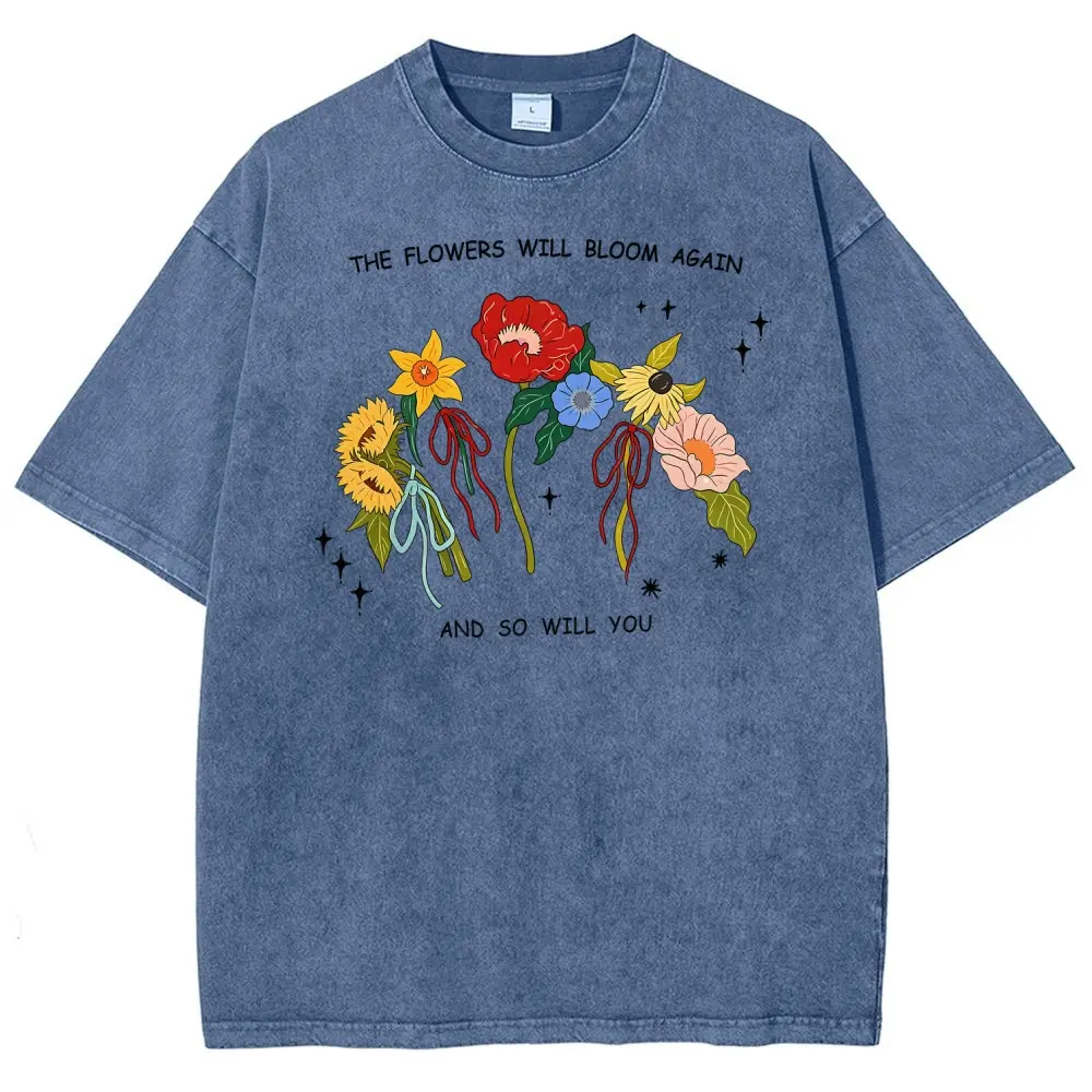 Unisex THE FLOWERS WILL BLOOM - Flowers: Sunflower, Poppy, Daffodil Graphic Washed T-Shirt Personalized Pattern Y2k Clothing Round Neck Washed T-Shirt,Women's Clothing 100% Cotton, Menswear, Top, Vintage Style,Summer Casual Oversized