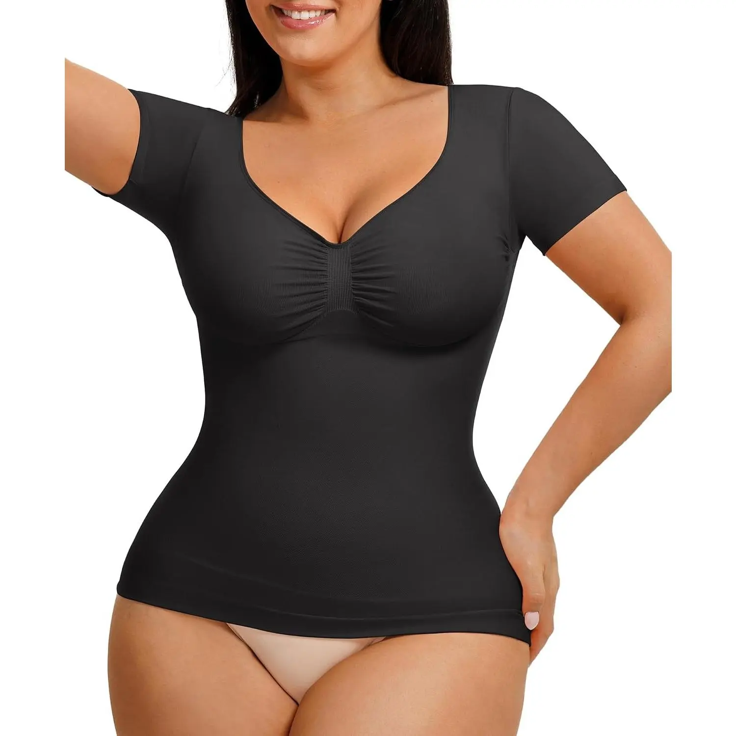 Compression Shirt Women Shapewear Tummy Control Body Shaper Short Sleeve Slimming V Neck Tops