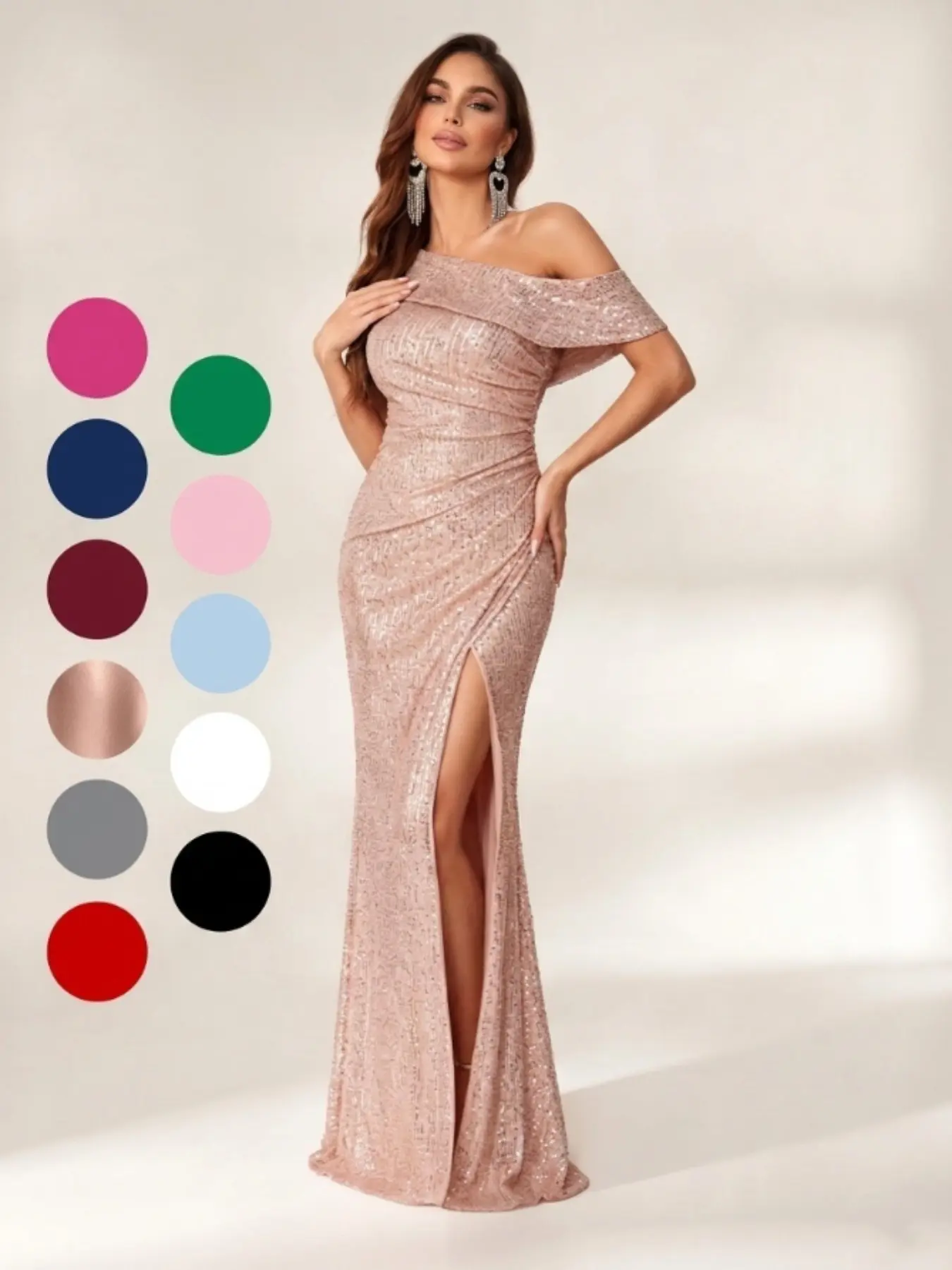 Sparkly Sequin One Shoulder Bodycon Maxi Dress – Ruched High Slit Formal Evening Dress for Prom & Wedding Guest