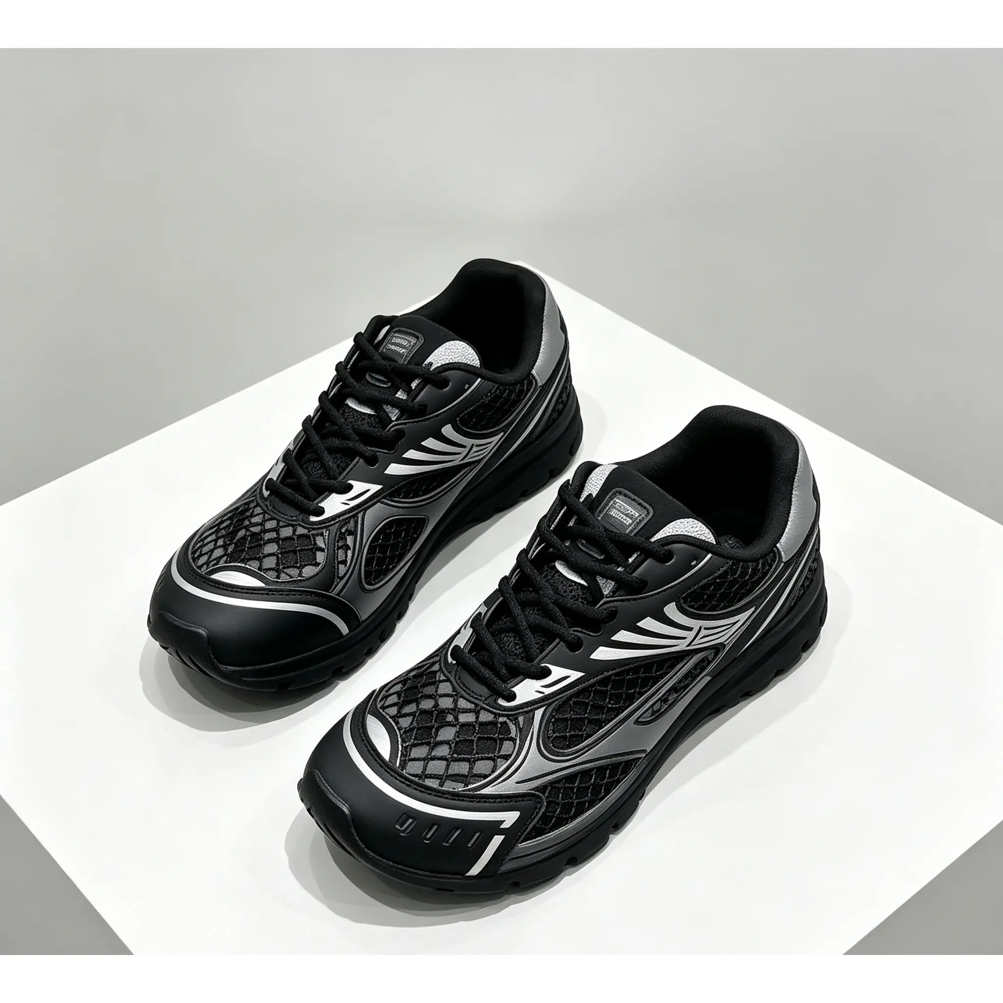Y2K Black Mesh Vintage Low Cut Sneakers Unisex Breathable Hollow Grid Honeycomb Mesh Splicing Reflective White Graphic Overlays Adjustable Black Flat Laces Soft Inner Lining Cushioned Light Midsole Wear Resistant Deep Lug Rubber Outsole Ret