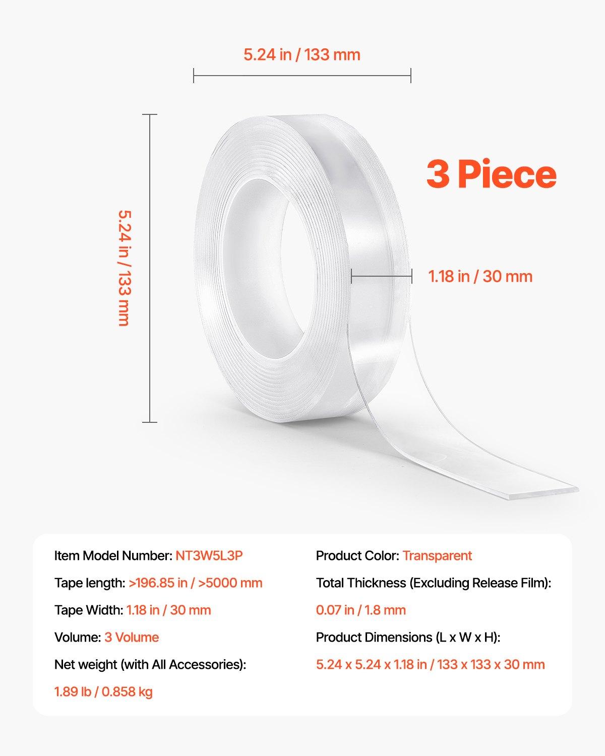 VEVOR Double Sided Tape Heavy Duty, 16 ft Nano Mounting Tape( 3 Pack), Strong Adhesive Reusable, Clear Two Sided Wall Tape, Removable Poster Picture Hanging Strips for Home Office Car Outdoor Use