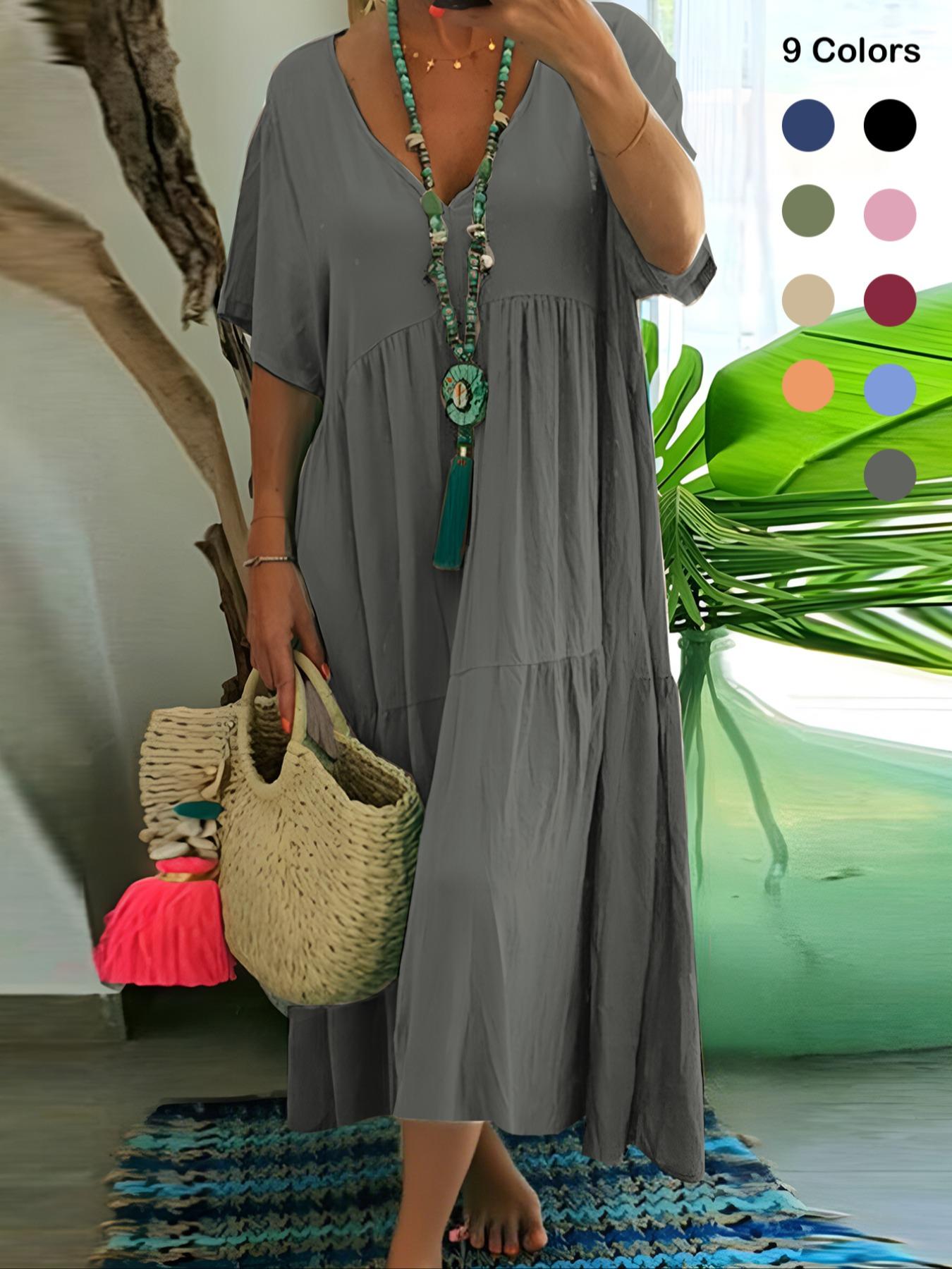 Plus Size Women's Summer Casual Loose V-Neck Plain Long Dress, Bohemian Boho Style, Short Sleeve, Tiered Layer, Spring & Fall Fashion