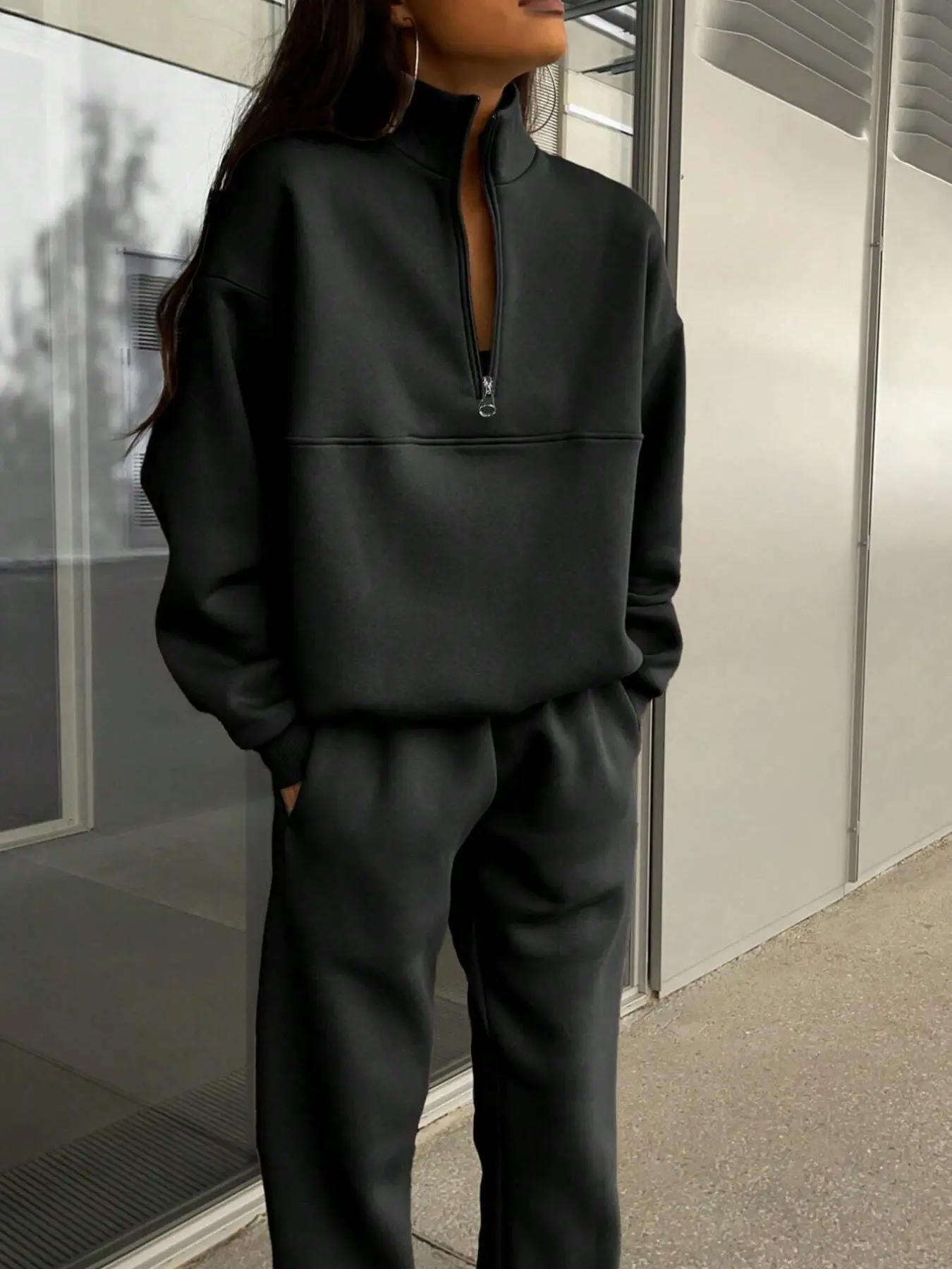 Korean Style Loose Fit Solid Sweatshirt Set, Stand Collar Half Zip, Wide Leg Sweatpants, Versatile Casual, Comfortable and Stylish