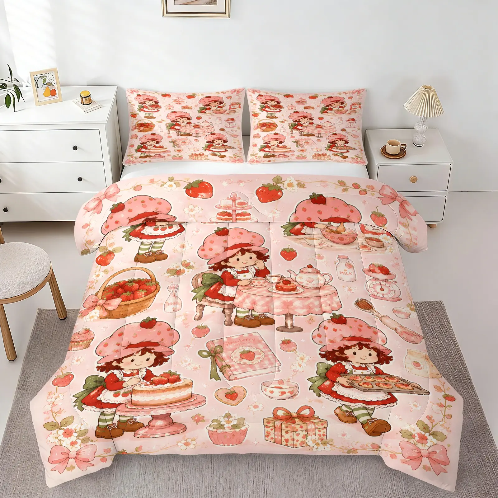 Ideal Gift for Girls Strawberry Baker Doll Comforter Set, 1 Comforter +1‑2 Pillowcases, Soft Cozy Washable Microfiber Bedding, All‑Season Quilt, Cute Character Dessert Tea‑Party Art Print, Lovely Pink Bedroom Decoration, Twin Full Queen Sizes