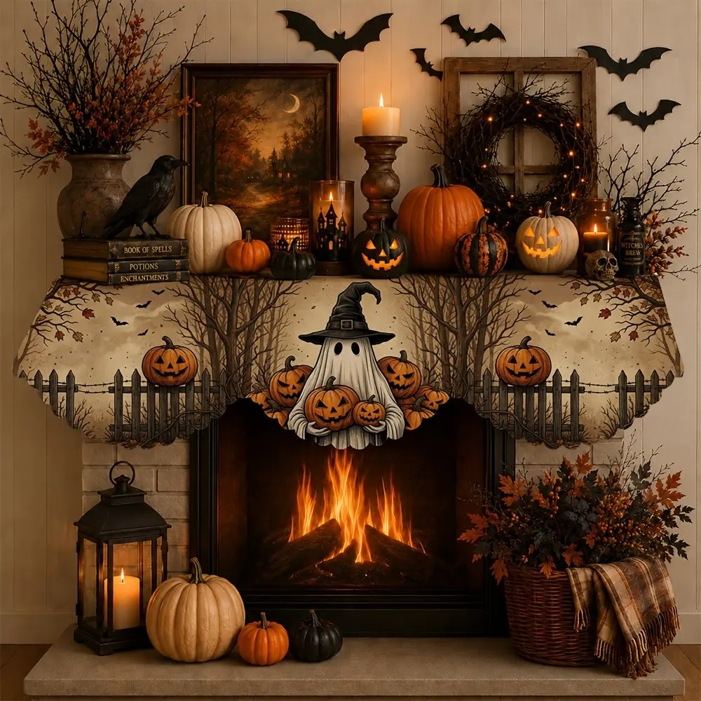 Autumn Halloween Fireplace Scarf, Farmhouse Style Rural Weird Farm Fireplace Decor, Polyester for Indoor Fireplace, Cabinets, TV Stands, Table Runner