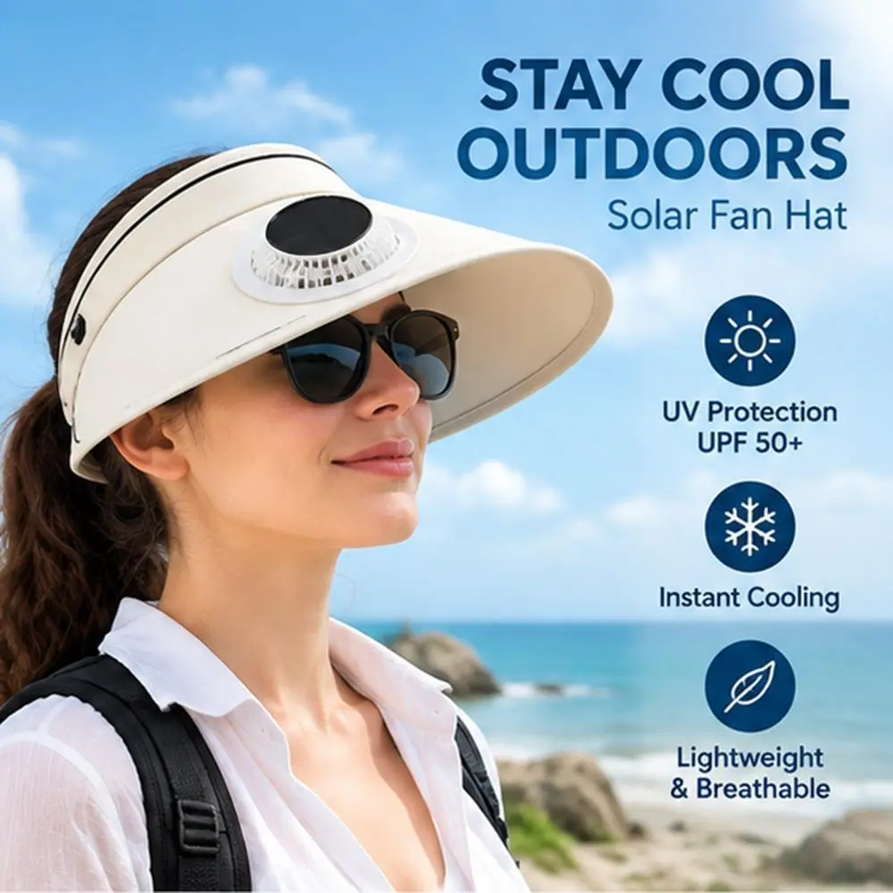 Solar Fan Hat Men and Women UV Protection Sun Visor Wide Brim Cooling Hat for Outdoor Summer Camping Beach Fishing, Adjustable Fit USB & Solar Powered (black/white)