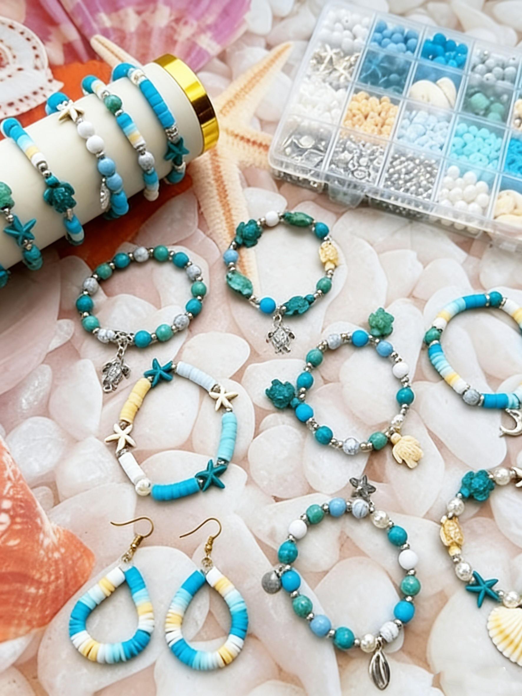 24 Grid 1200pcs Ocean Theme Acrylic Bead Set, DIY Jewelry Making Kit, Bracelet Necklace Craft Supplies, Includes Large Storage Box