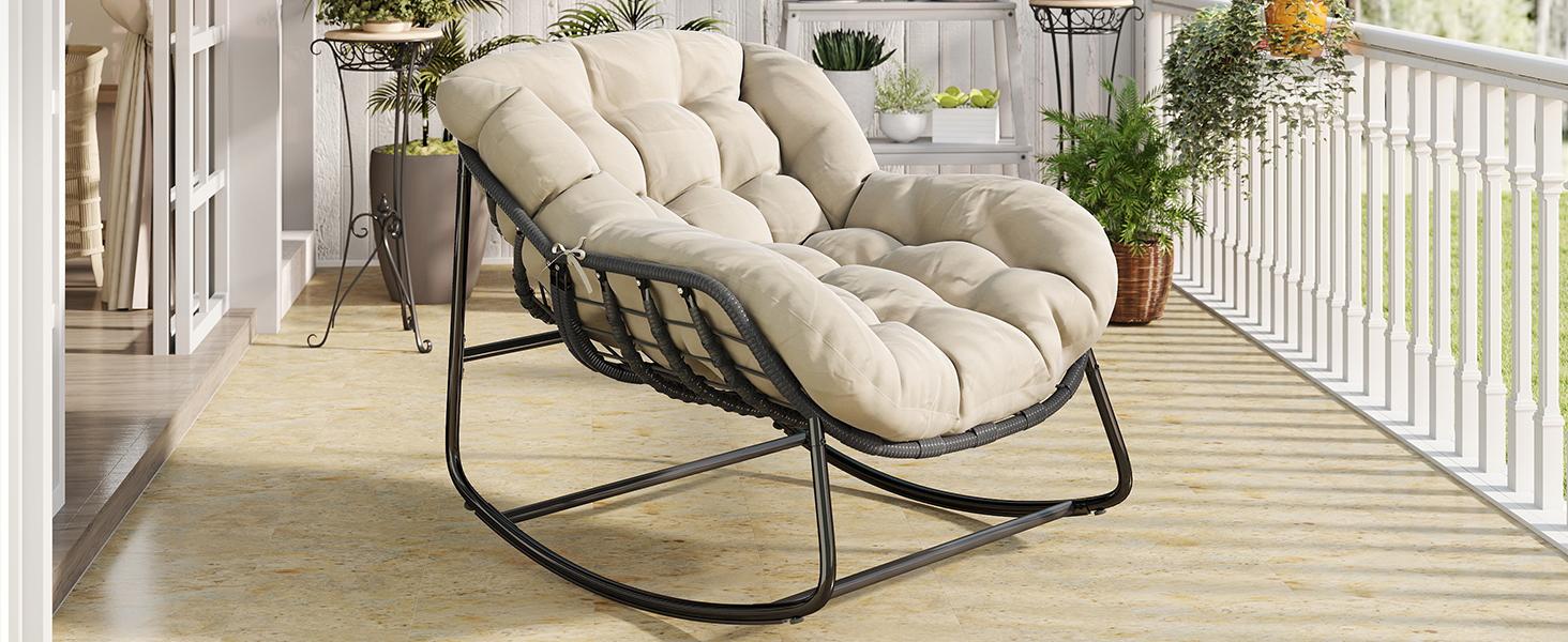 Outdoor Rocking Chair with Thick Cushion,450/550 lbs Capacity, Indoor Egg Rocking Chair with Adjustable Backrest for Backyard, Balcony, Living Room