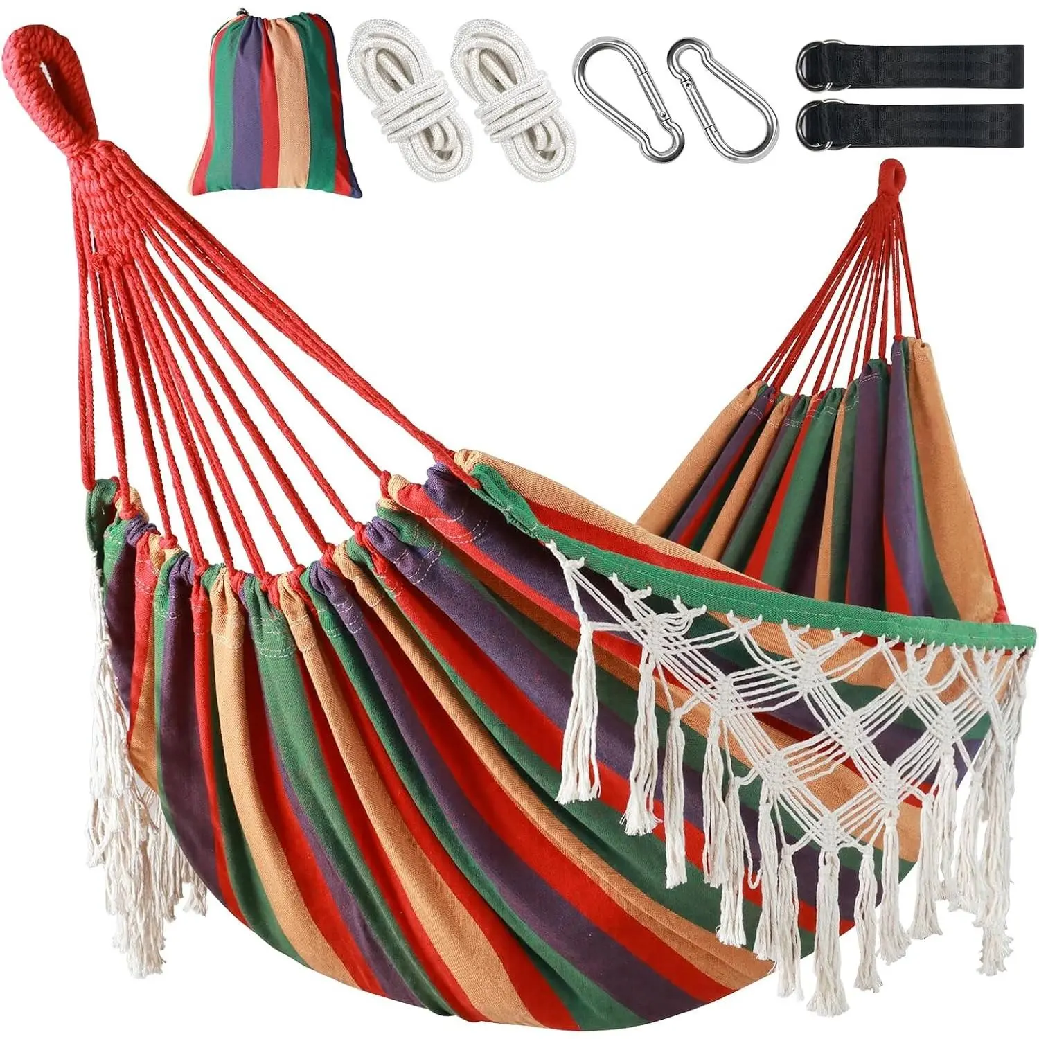 Brazilian Style Double Hammock with Fringe, 2 Person Patio Hammock for Backyard & Indoor Relaxation, Soft Breathable Fabric, Easy Setup with Straps & Carry Bag, 360 lbs Capacity