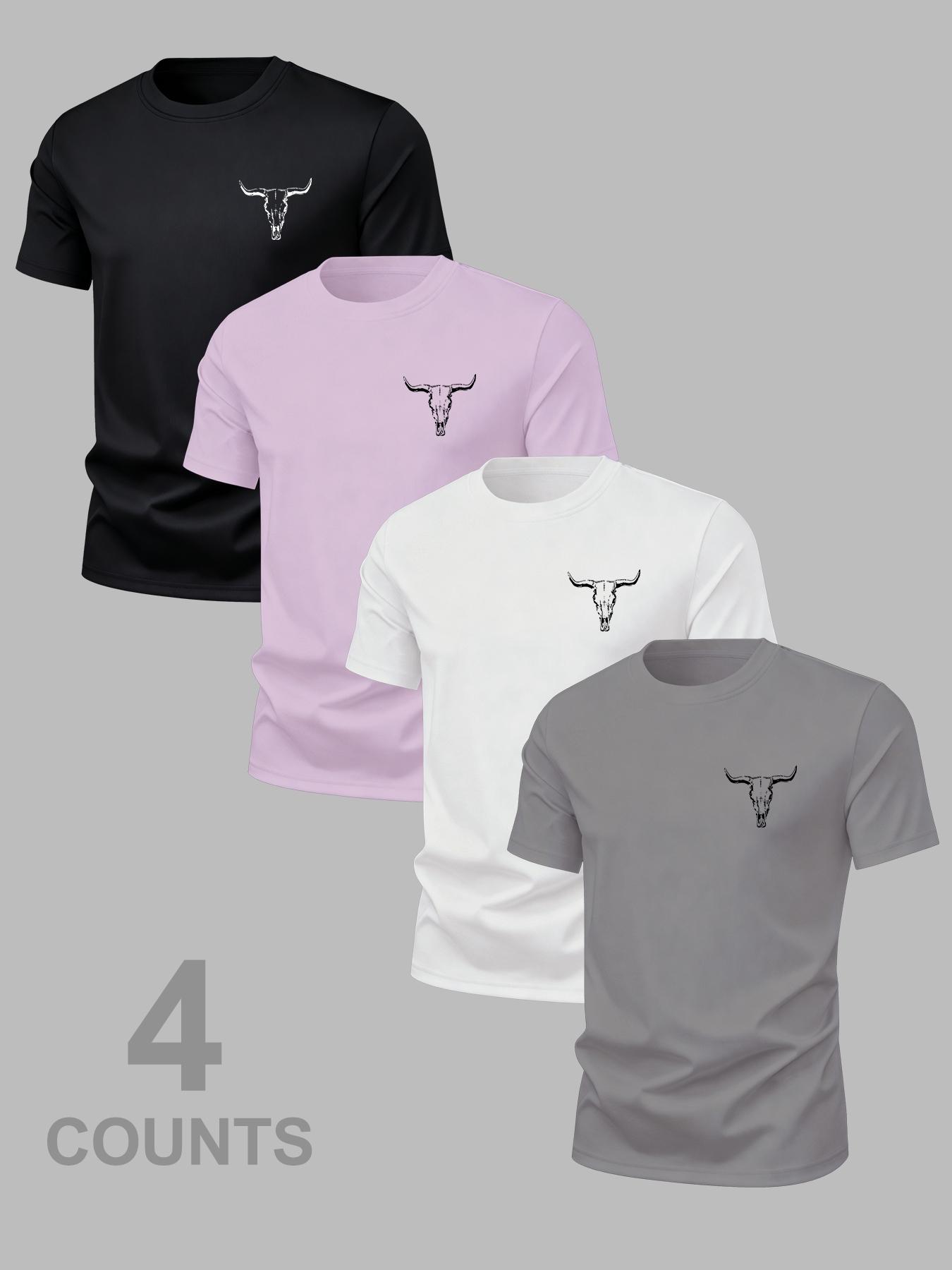 Men's Versatile Cow Head Animal Print T-Shirt 4 Pack, Summer Round Neck Short Sleeve, Casual Comfortable Top for Outdoor Wear