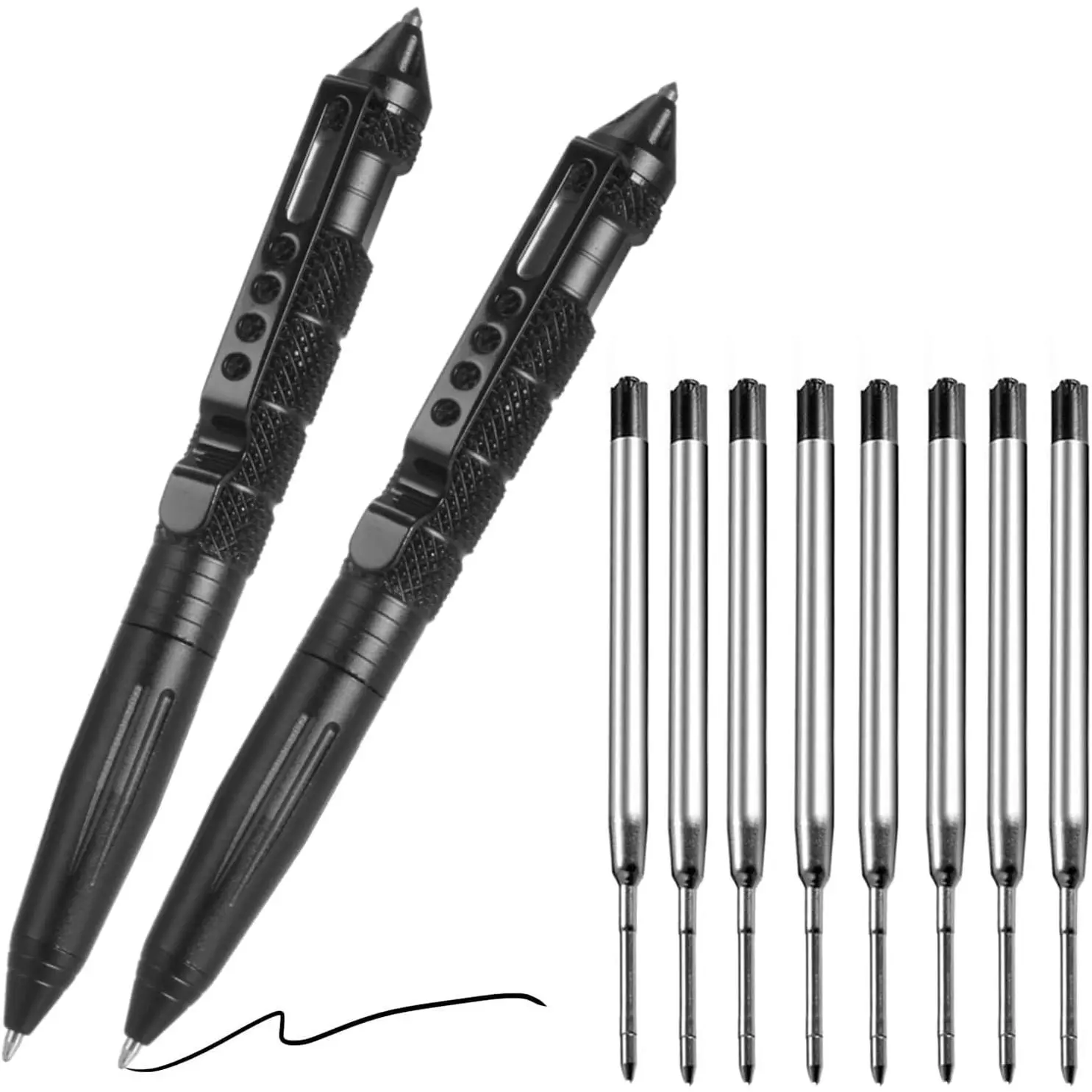 2-Pack Compact Functional Tungsten Steel Military Look Tactical Pen, Self-Defense Emergency Tool with 8 Black Ballpoint Refills, Professional Glass Breaker for Father's Day (Includes Refills)