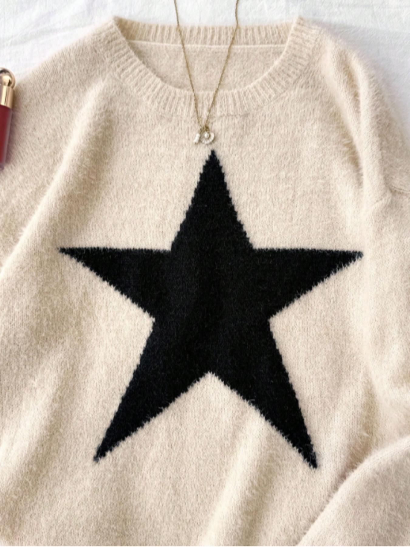 Women's Star Pattern Knit Pullover Long Sleeve, Soft Puffy Round Neck Sweater, Casual Fitted Fall/winter Clothing, Comfortable and Stylish