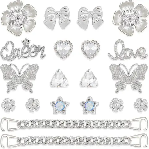 SOGLLQAM 18/20/22/24 Pcs Women Shoe Charm Chain Accessories, Butterfly Flower Pearl Rhinestone Bling Cute Shoe Decoration Charms for Aesthetic Outfit Styling, Party Birthday Valentines Gift Idea summerwins Shoe Embellishment Set