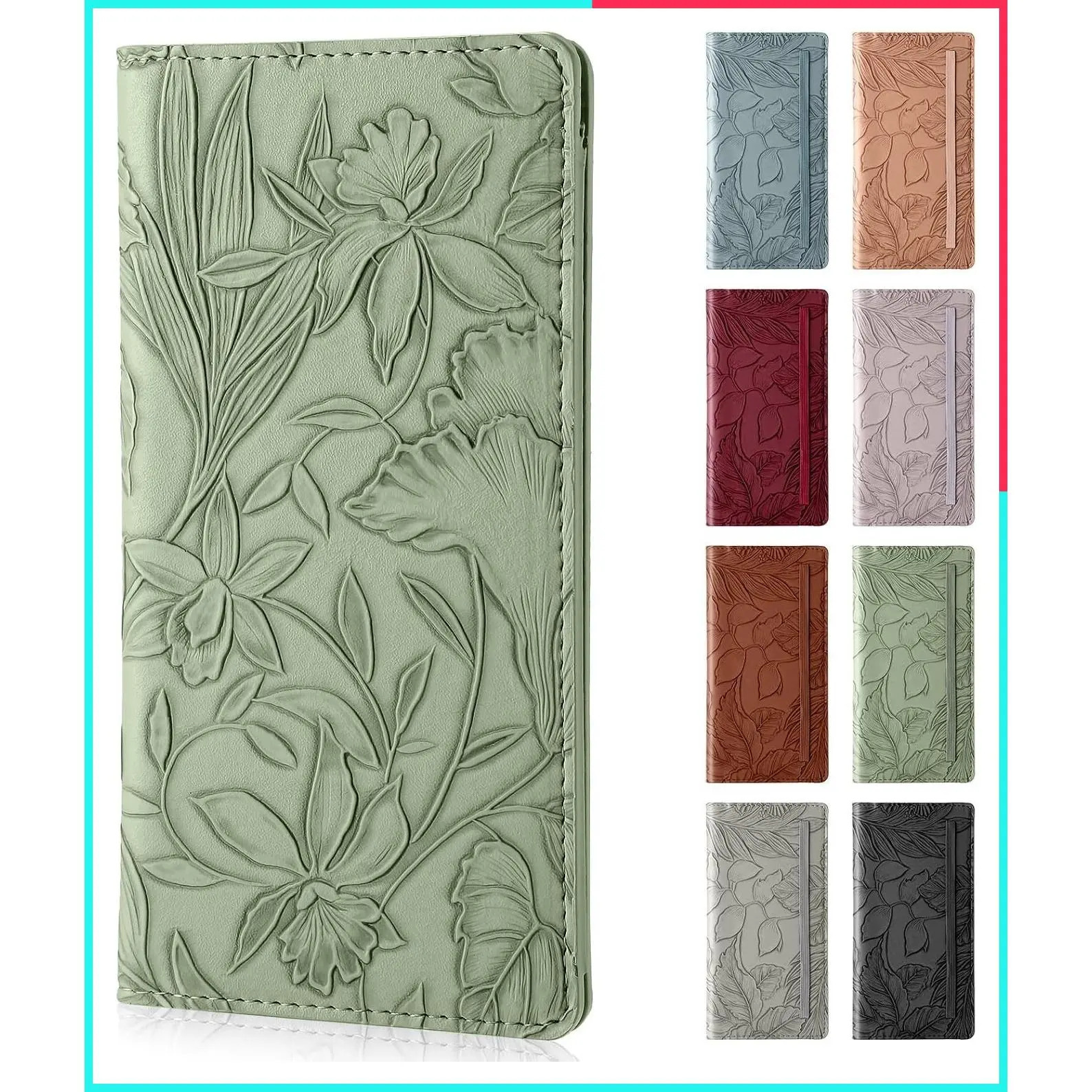 Personal Checkbook Cover, Soft PU Leather with Embossed Flower Pattern, Pen Holder & Built-in Clear Plastic Divider for Duplicate Checks
