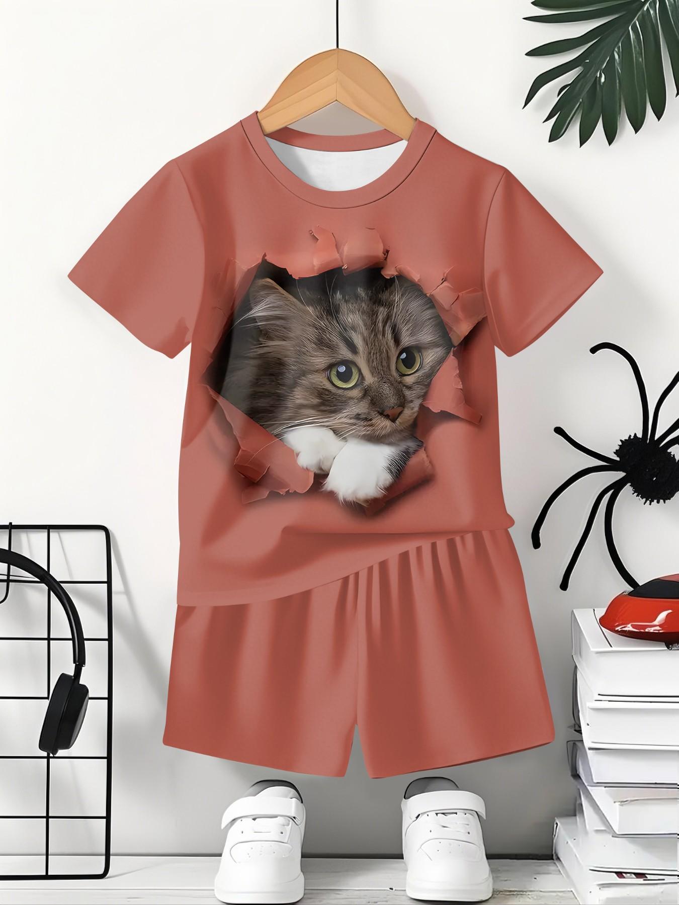 Brick red ripped 3D cat style two-piece short-sleeve shorts set, 100% polyester casual loose fit set, summer fun printed pattern, outdoor sports T-shirt set, perfect gift for boys