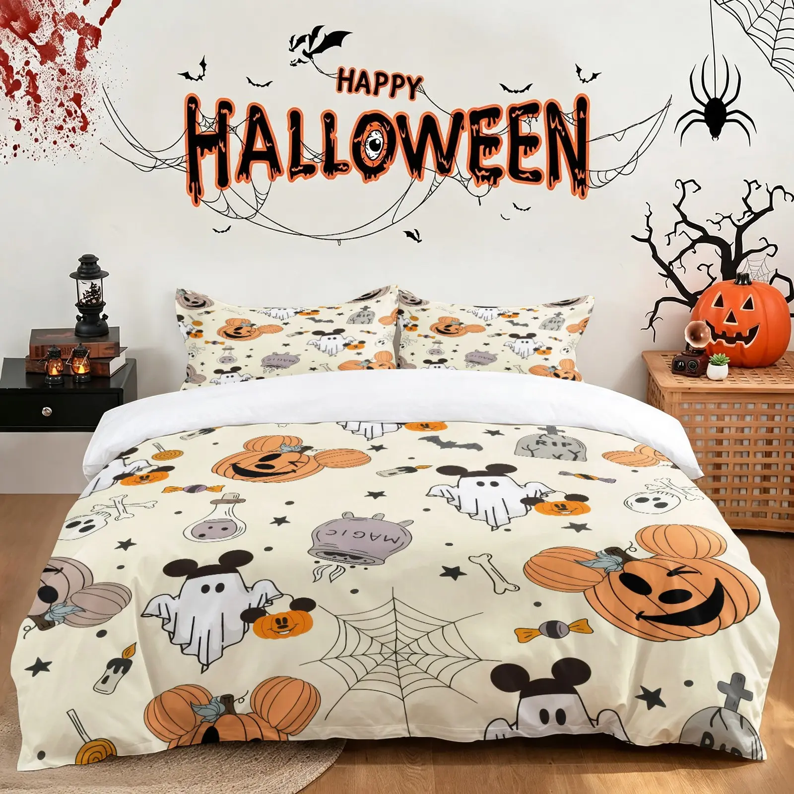 Cute Cartoon Mickey Style Ghost Pumpkin Halloween Duvet Cover Set, 1 Duvet Cover & 1/2 Pillowcase No Filling, Soft Microfiber Bedding Set, Kawaii Holiday Bedroom Decor Gift for Home Dorm