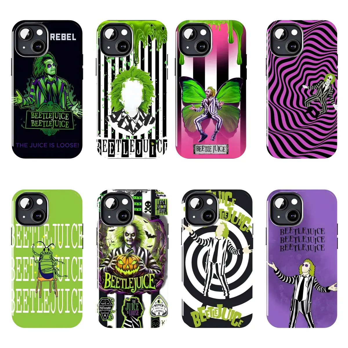Beetlejuice Halloween Phone Case, Gothic Cartoon Collage Design with Ghostly Character Elements, Black Green Horror Theme Protective Cover, Creepy Retro Y2K Style Gift for Movie Fans, Compatible with iPhone 11–17 Pro Max/Plus series and Samsung Galaxy S23