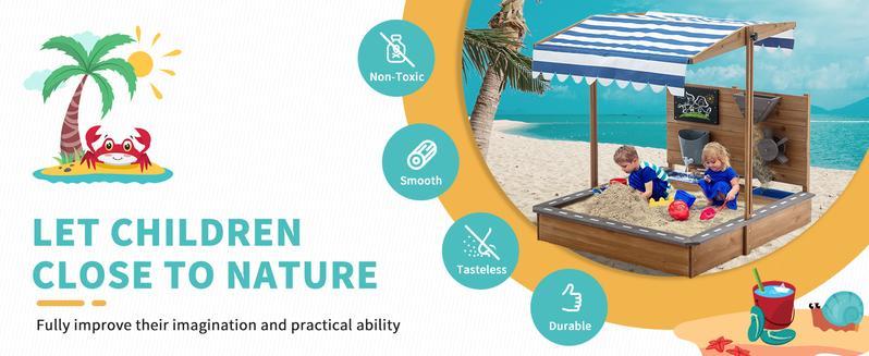Linor Kids Wooden Sandbox with Roof, Canopy, Adjustable Cover, Sand Funnel, and Drawing Board for outdoor fun in the backyard or beach
