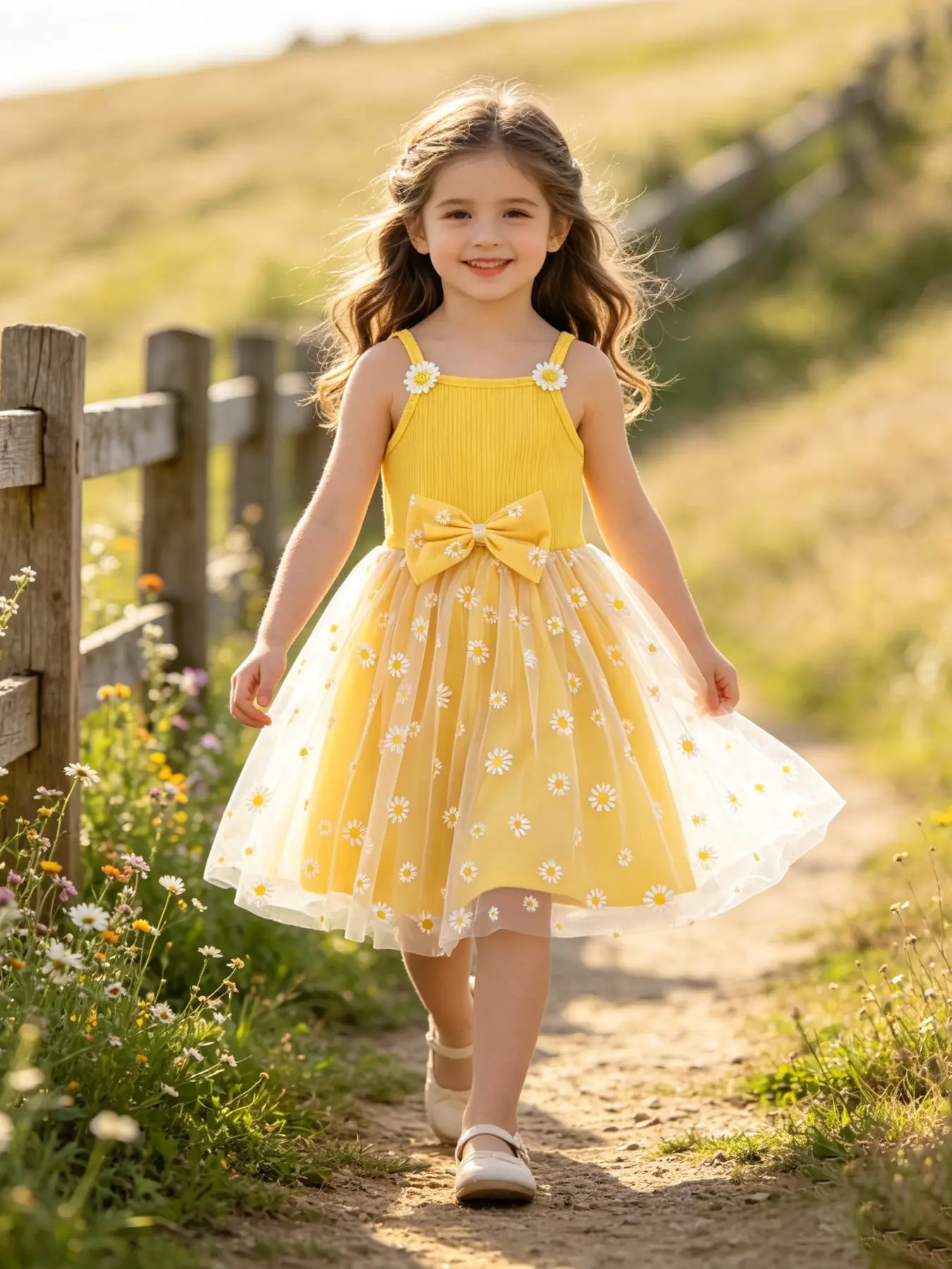 Girls' Summer Cute Daisy Puff Skirt Halter Dress, Shoulder Straps with Small Daisies, Perfect for Daily Wear and Summer Vacations