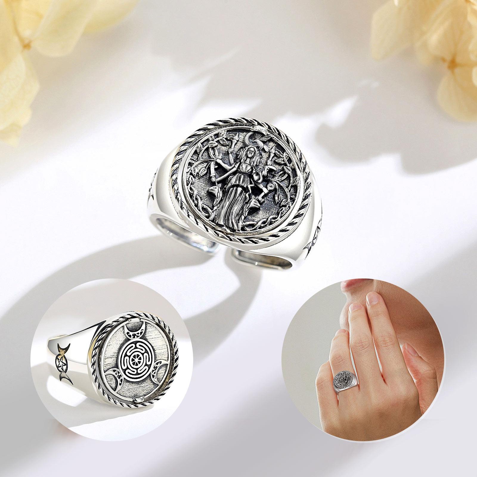 Adjustable Hecate Ring, S925 Sterling Silver Amulet, Goddess of Magic & Moon, Celestial Symbol, Open Ring for Women, Mystical Jewelry Gift