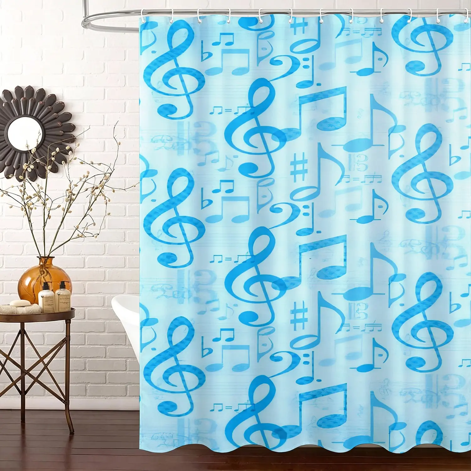 Music Theme Bathroom Curtain, Cool Blue Treble Clef Musical Notation Art Digital Print Shower Partition Curtain, Mildew Resistant Bathroom Curtain Set with Hooks Included, Decor for Bedroom, Apartment, Dorm