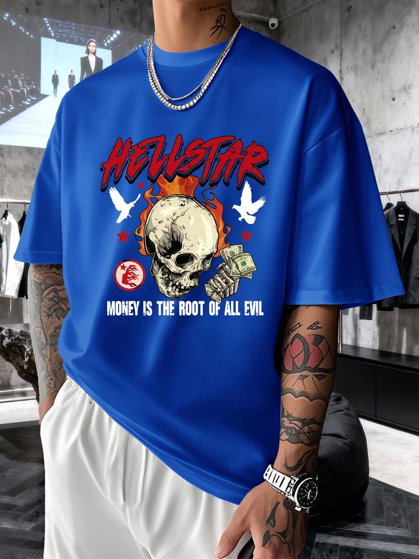 Men's Short Sleeve T-Shirt Summer Hellstar Flame Skull Dollar Print, American High Street Dark Fashion, Loose Fit Drop Shoulder Top