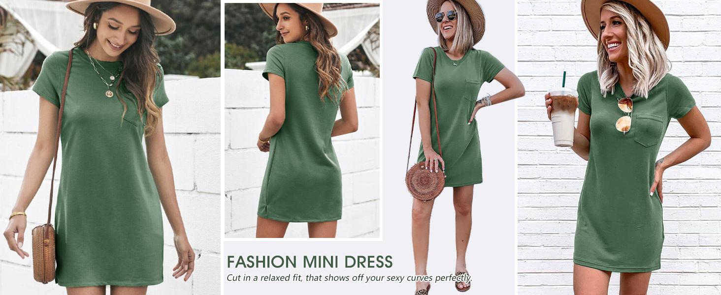 Imily Bela Women T Shirt Dress Summer Fashion Mini Dress Crew Neck Short Sleeve Dress Solid Color Casual Dress with Pocket