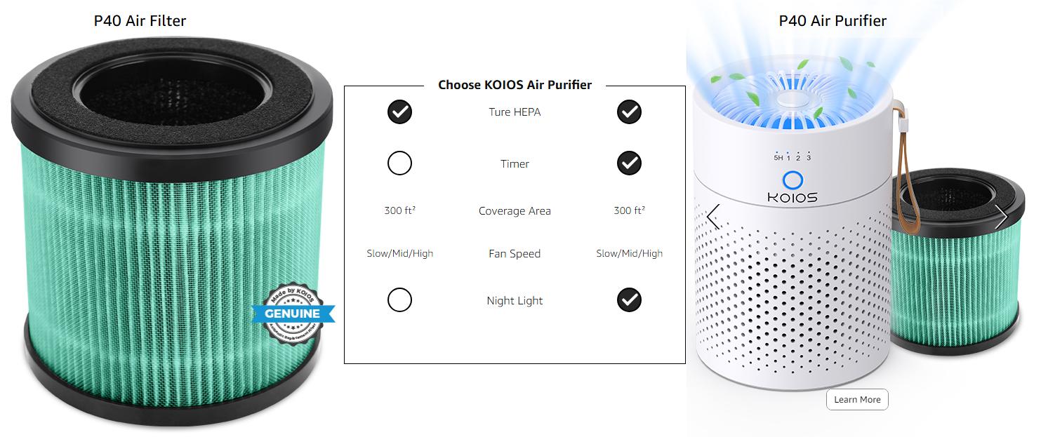 KOIOS 2 Packs Portable Air Purifier Gifts H13 True HEPA Filter for Desktop Office Car Pets with USB Cable, Small Air Cleaner, Night Light, Timer, Remove Smoke, Dust, Odors, Pollen Household Appliances, Quiet Operation, 3 Fan Speeds, 3-Stage Filtration