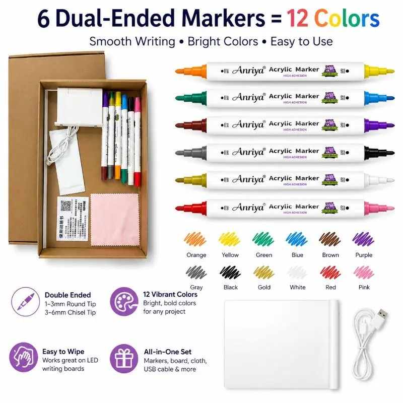 Back to school shopping-Light Up Erasable Clear Whiteboard Gift Set, LED Edge Lit Transparent Acrylic Drawing Board,6 Dual-Tip Dual-Color Acrylic Markers, Foldable Display Stand, Wipes, Cleaning Towel & USB Cord,Ideal Present for School & Desktop Decor