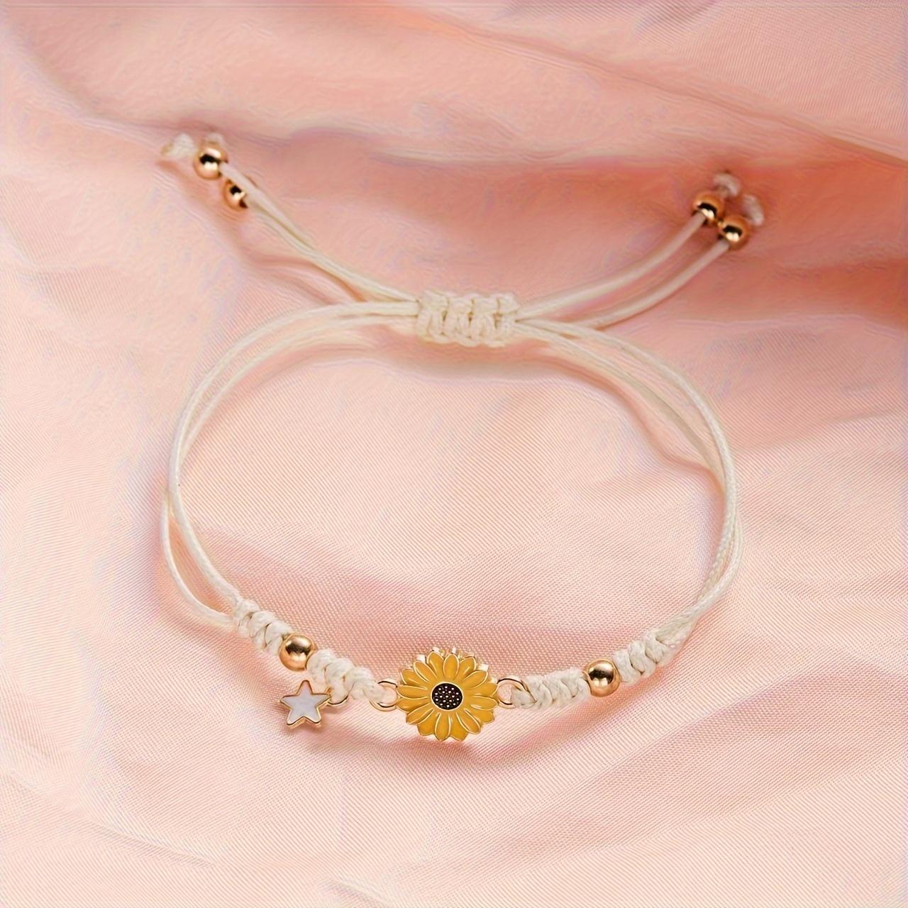 Sunflower & Star Wish Bracelet  Handwoven White Cord with Golden Sunflower Pendant, Meaningful Friendship Bracelet & Inspirational Gift for Best Friend, Sister or Girlfriend