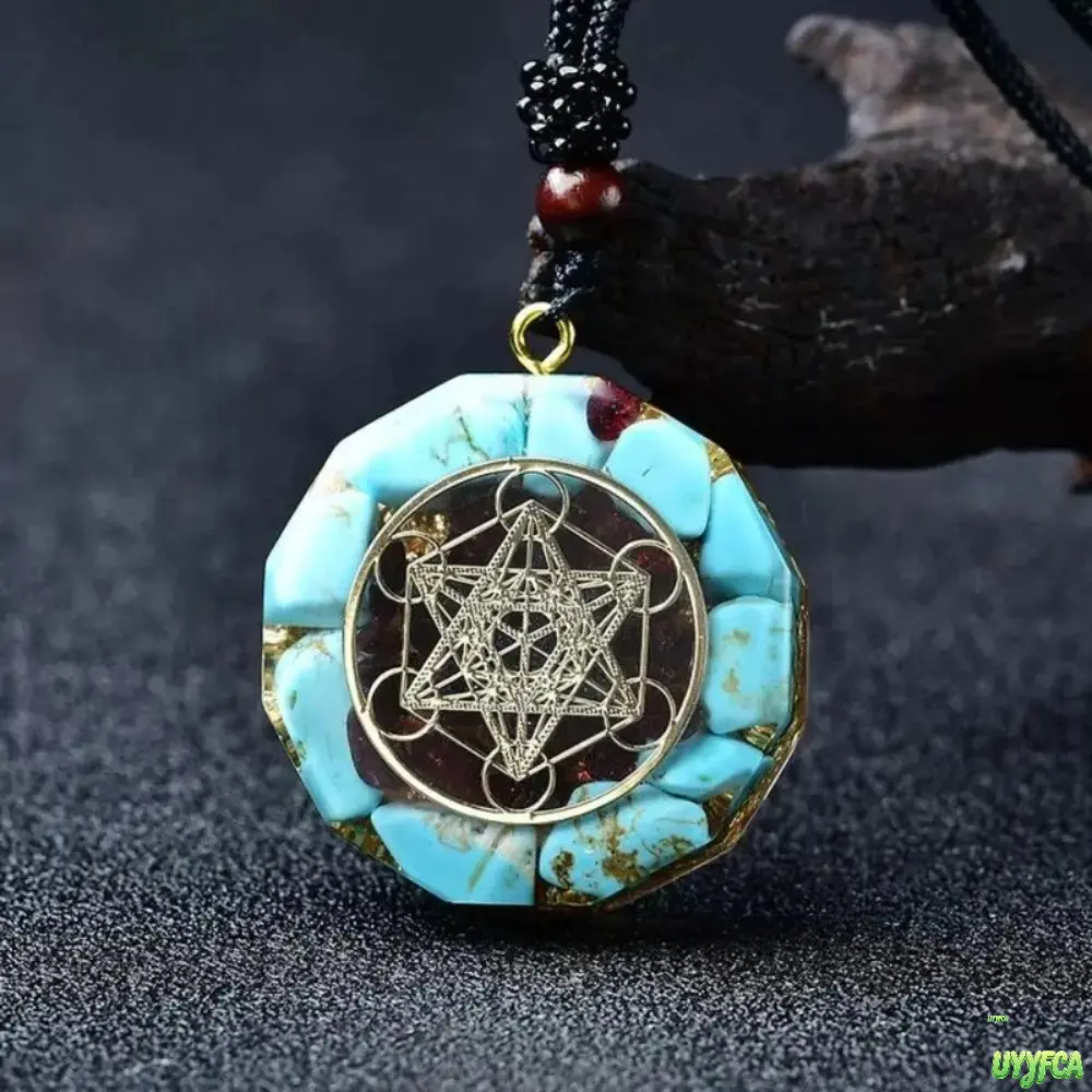 Metatron Cube Orgonite Pendant Necklace With Natural Turquoise & Garnet Chips,18in Adjustable Braided Cord Healing Crystal Chakra Amulet, Energy Balancing Meditation Protection Jewelry For Daily Wear Spiritual Practice,back to school,back to school haul