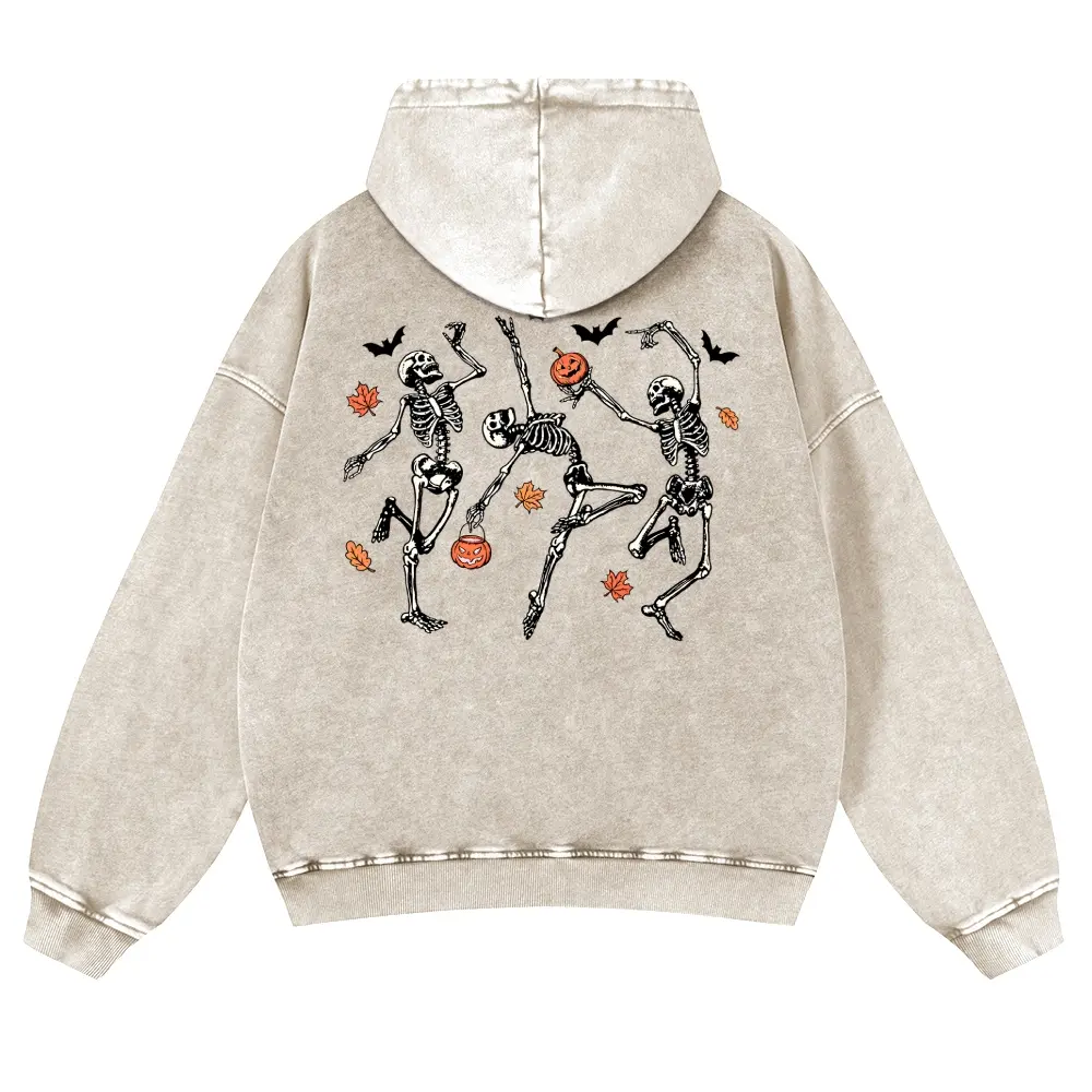 Unisex Dancing Skeletons, Pumpkins, Autumn Leaves, Bats, Halloween Graphic Washed hoodie Personalized Pattern Y2k Clothing Round Neck Washed hoodie,Women's Clothing 100% Cotton, Menswear, Top, Vintage Style,Summer Casual Oversized