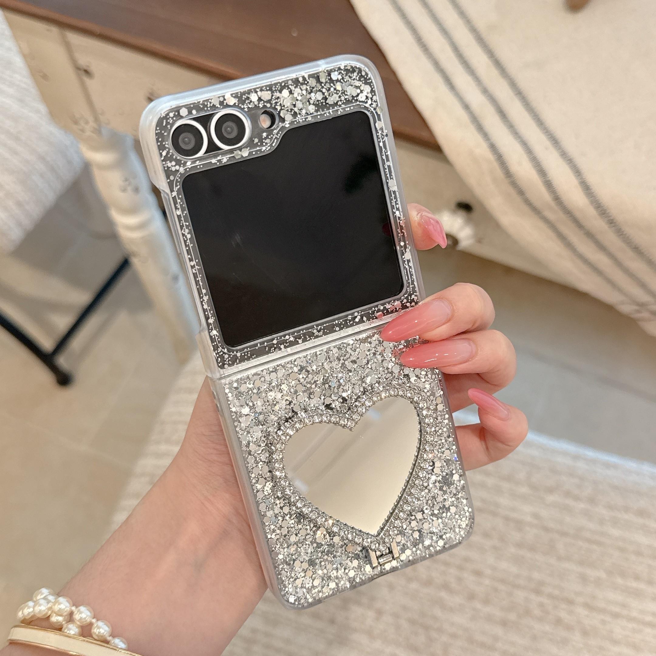 Glitter Heart Stand Foldable Phone Case With Chain For Samsung Galaxy Z Flip3/Z Flip4/Z Flip5/Z Flip6/Z Flip7, Shockproof Cover