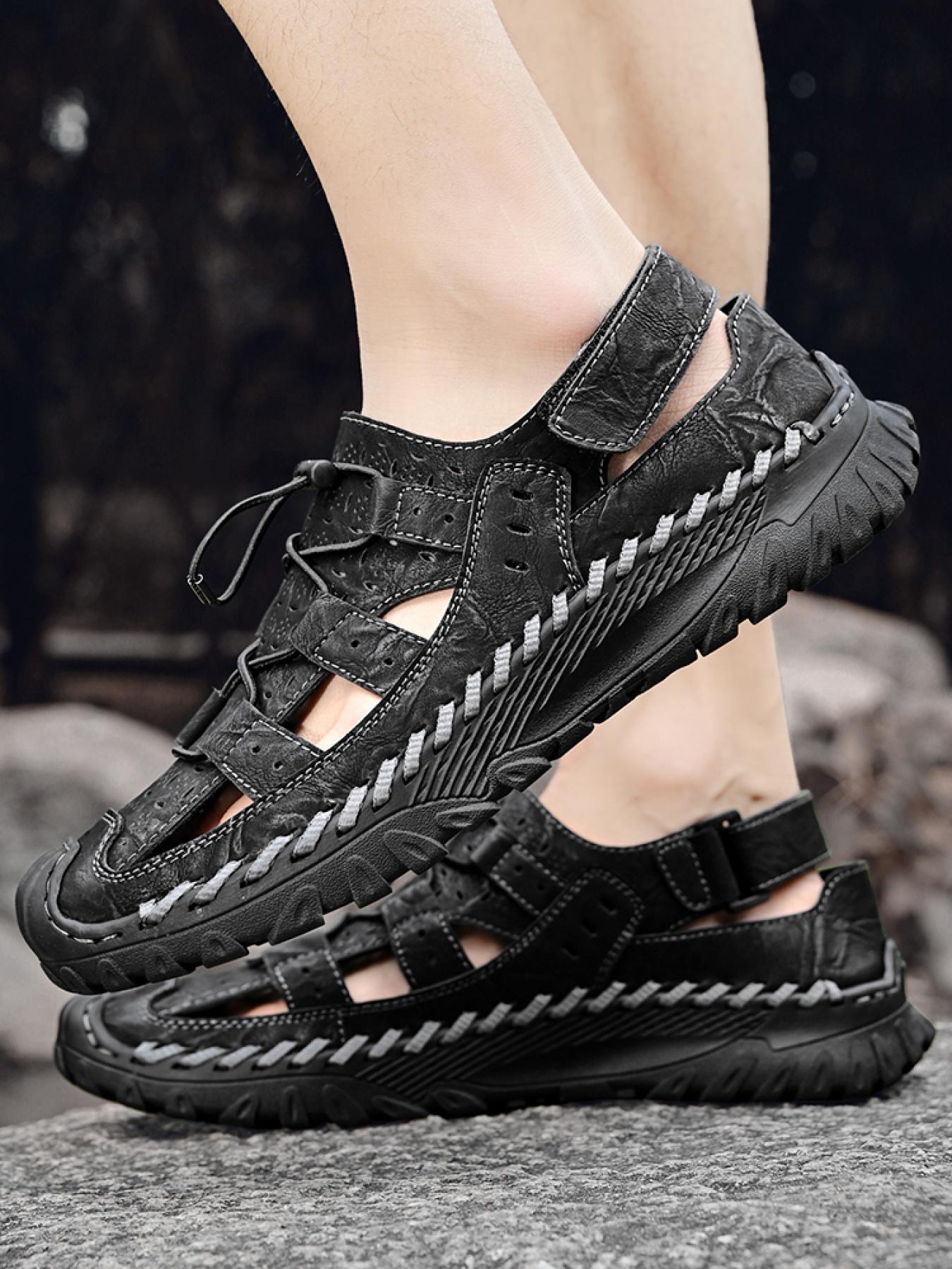 Men's Solid Color Hollowed-Out Closed-Toe Outdoor Sandals, Drawstring Velcro Non-Slip Beach Shoes, Hand-Stitched Thick-Soled Dad Shoes