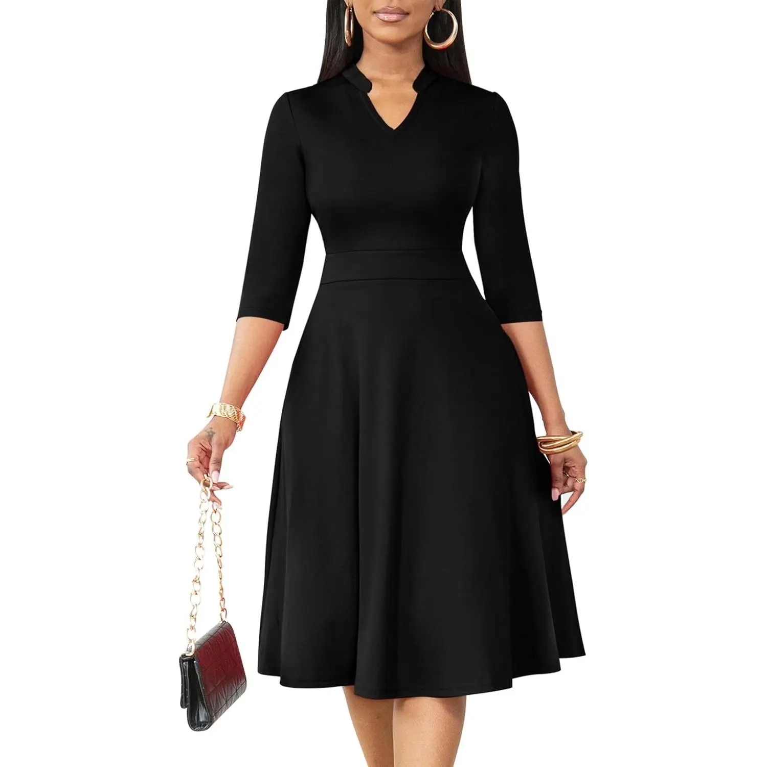 Women's Stand Collar Fit and Flare Dress with Hidden Pockets and Zipper, Elegant A-Line Church Dress for Work Cocktail Wedding GuestGift