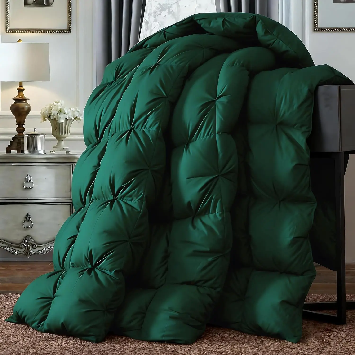 Pinch Pleat Goose Down Comforter King Size 106x90, All Season Fluffy Duvet Insert, Noiseless Anti-Down Leak, 100% Cotton Shell, RDS Oeko-TEX Certified, Hotel Luxury Bedding