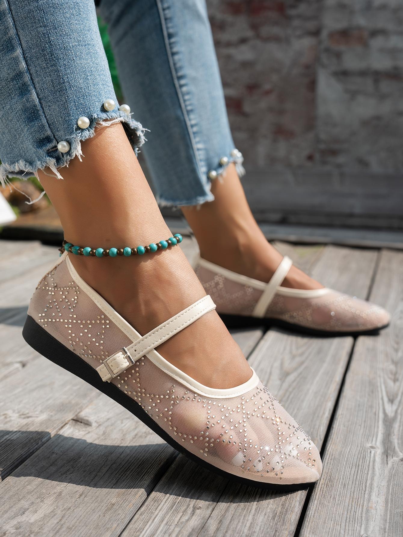 Women's Rhinestone Mesh Mary Jane Shoes, Summer Fairy Style Square Toe Ankle Strap Breathable Flats