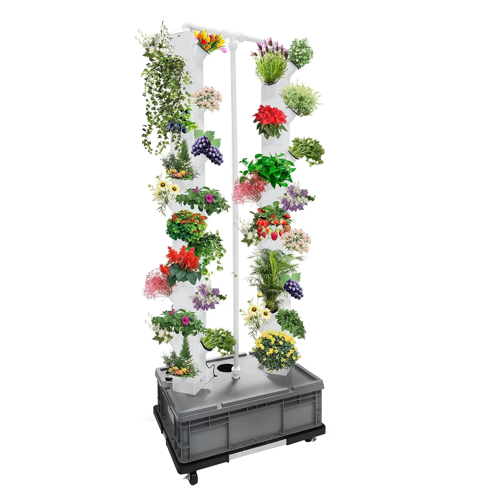Vertical Hydroponic Garden Tower Hydroponic Growing System - 56 Planting Holes, Double Column PVC Plastic, 18W Water Pump, Timer, Wheel Support, 165cm Height, High-Pressure Nozzle, Stackable for Soil-Free Gardening