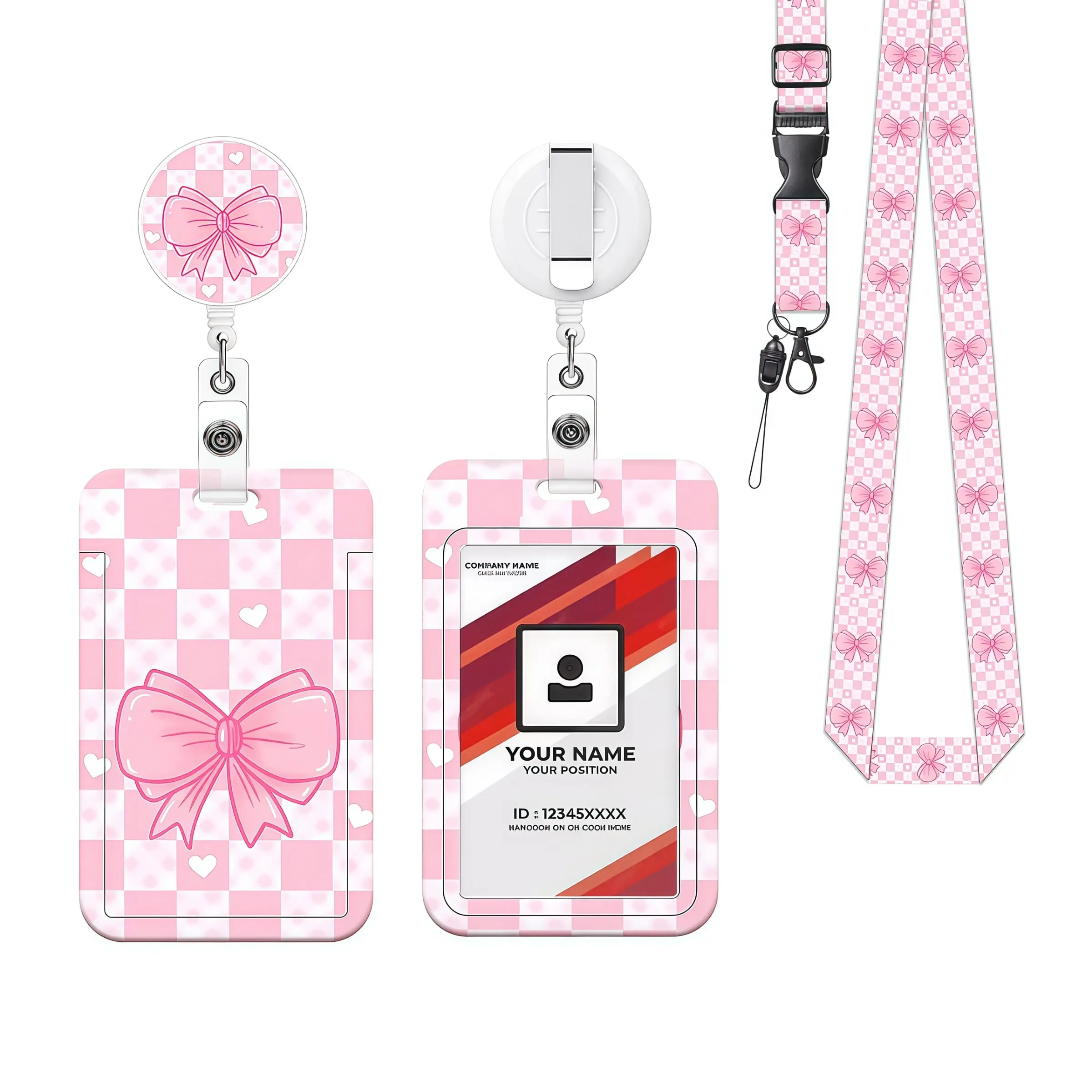 Plaid Butterfly Heart Badge Roll ID Card Clip Lanyard Set, Easy Pull Lanyard and Card Holder, Ideal for Nurses Teachers Office Work Ids
