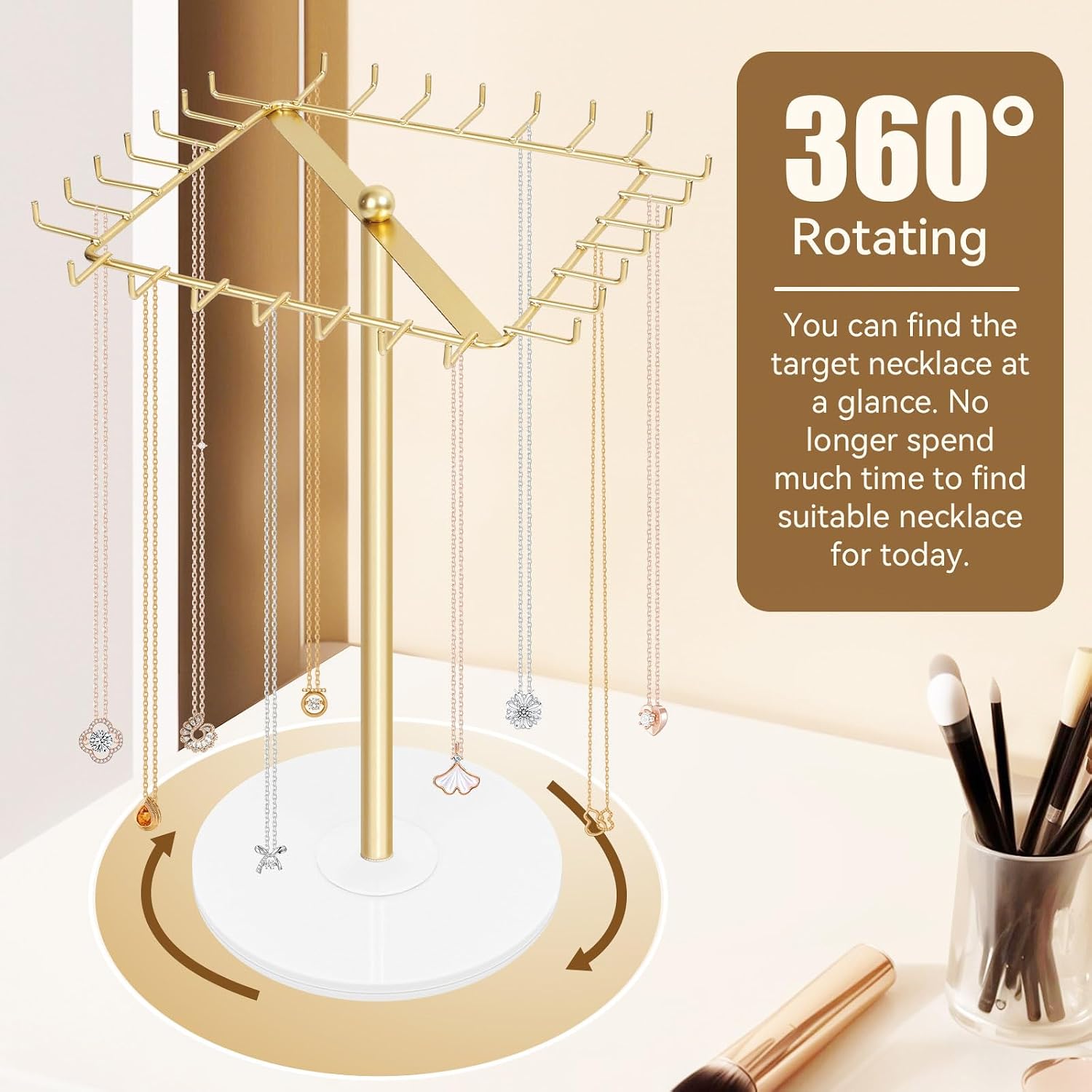 Rotating Necklace Holder Display   Organizer, 28 Hooks | Metal Necklace Tree Stand,  Necklace Storage for  Bracelet Long Chains for Girls Women