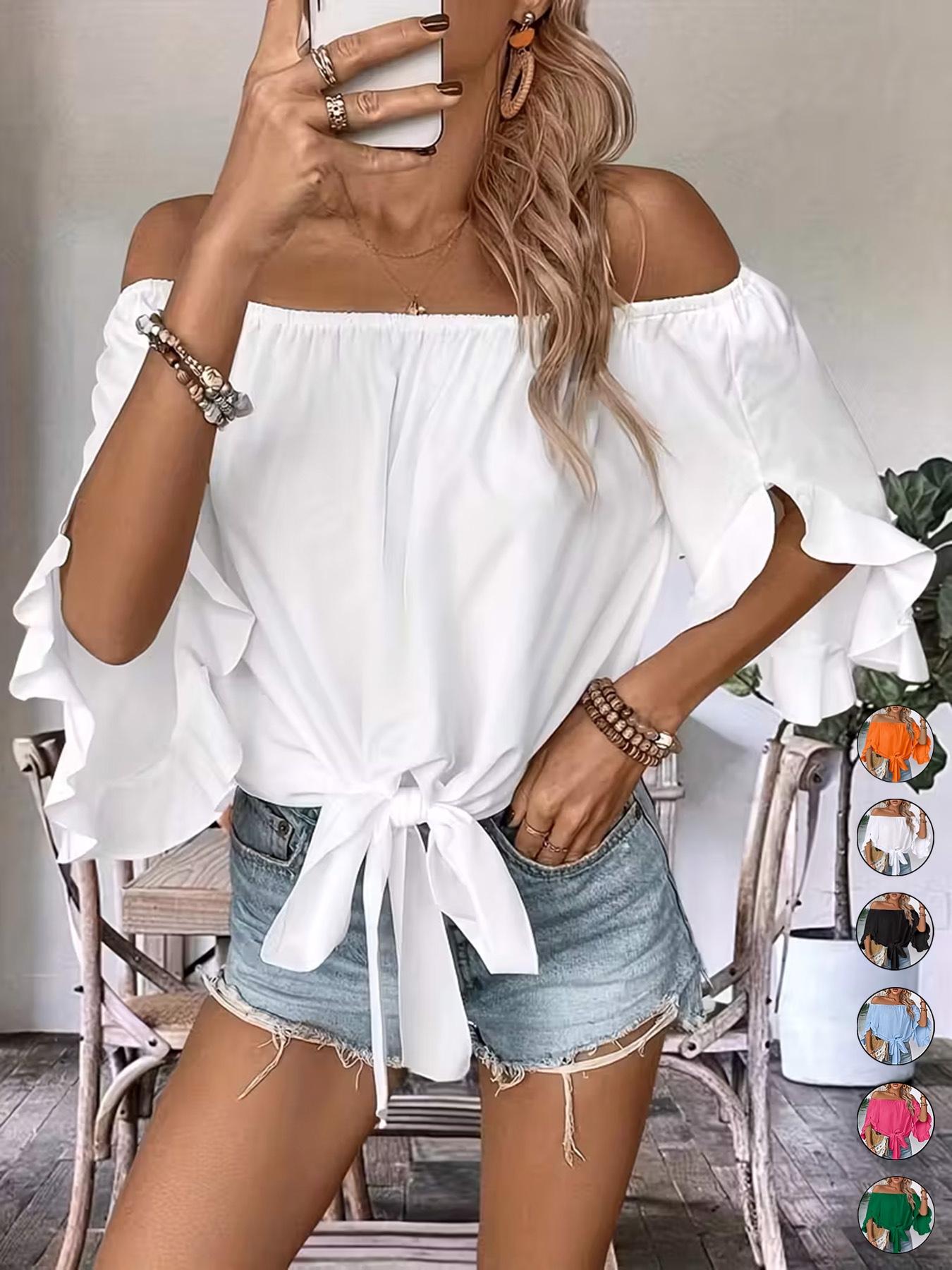 Women's Casual Off-Shoulder Ruffle Bell Sleeve Shirt Blouses, Elegant Feminine Tie Hem Loose Top, Stylish and Comfortable Daily Wear