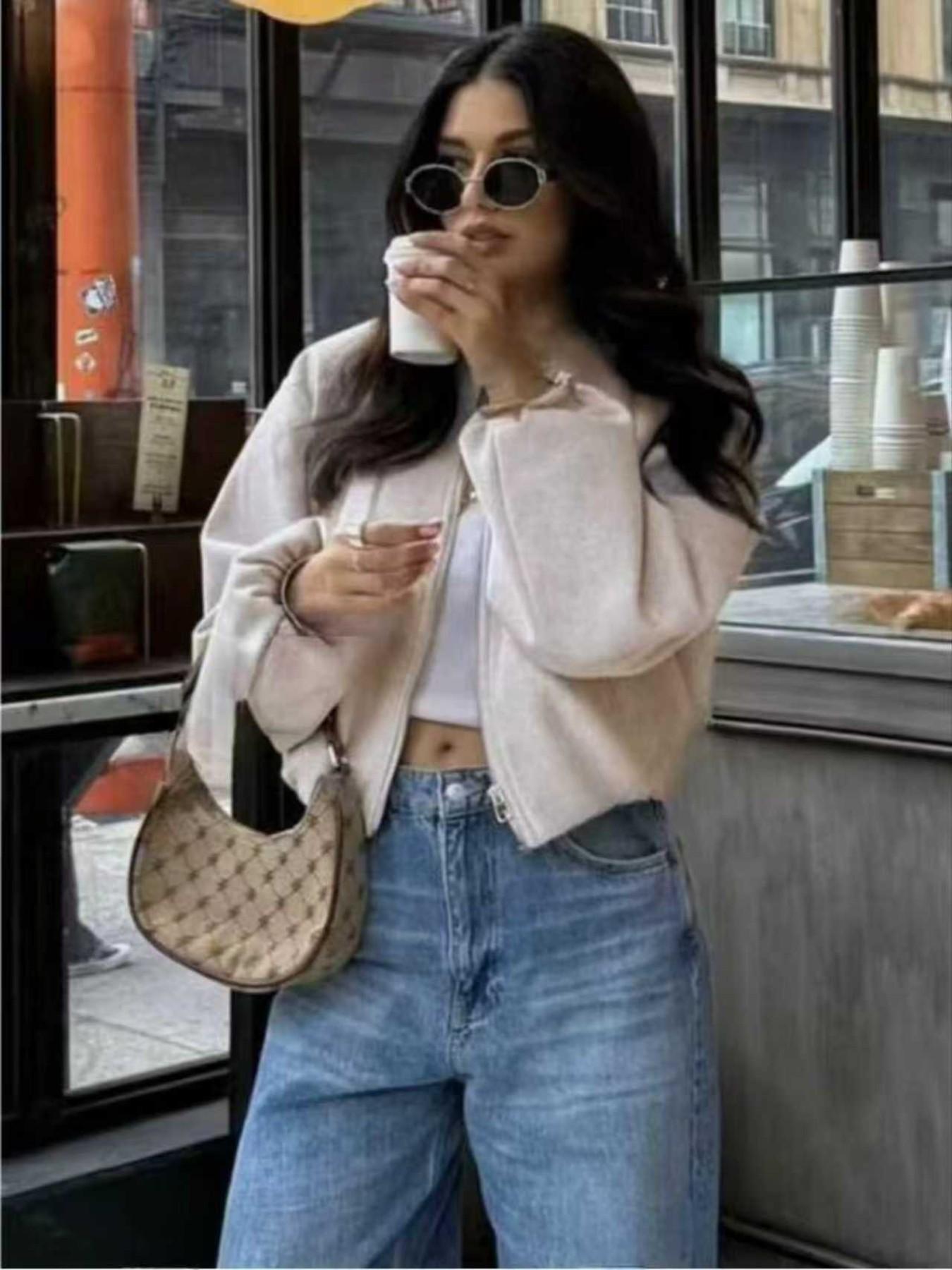 Women's Fall Winter Jacket, Soft Solid Color with Pockets, Zipper Long Sleeve Casual Bomber Coat, Stylish Outerwear for Cold Weather